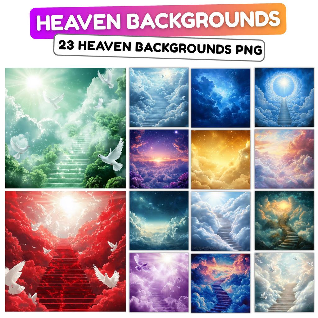 23 Memorial Heaven Backgrounds Png Bundle, Memorial Backgrounds, In Loving Memory Backgrounds, Heaven Stair Steps & Gate, Rest In Peace - Editable Memorial Canva Template