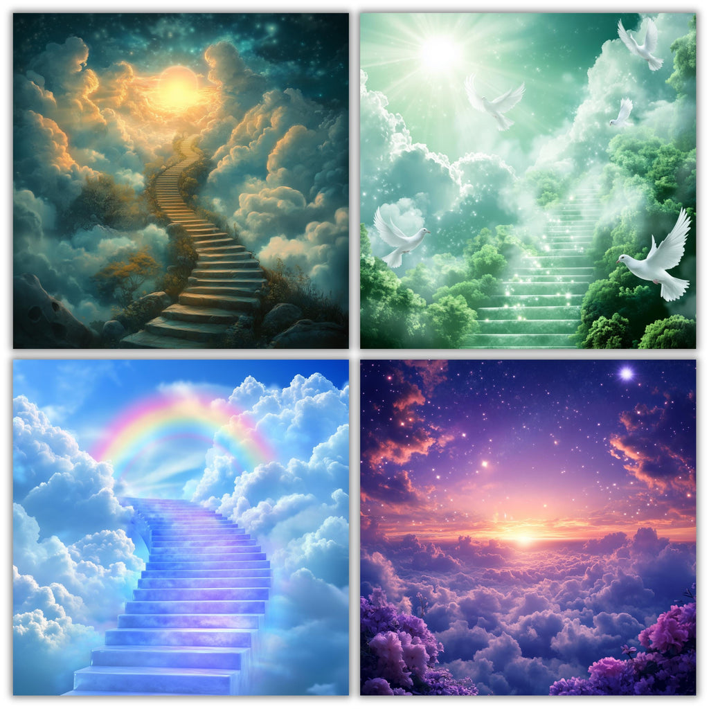 23 Memorial Heaven Backgrounds Png Bundle, Memorial Backgrounds, In Loving Memory Backgrounds, Heaven Stair Steps & Gate, Rest In Peace - Editable Memorial Canva Template