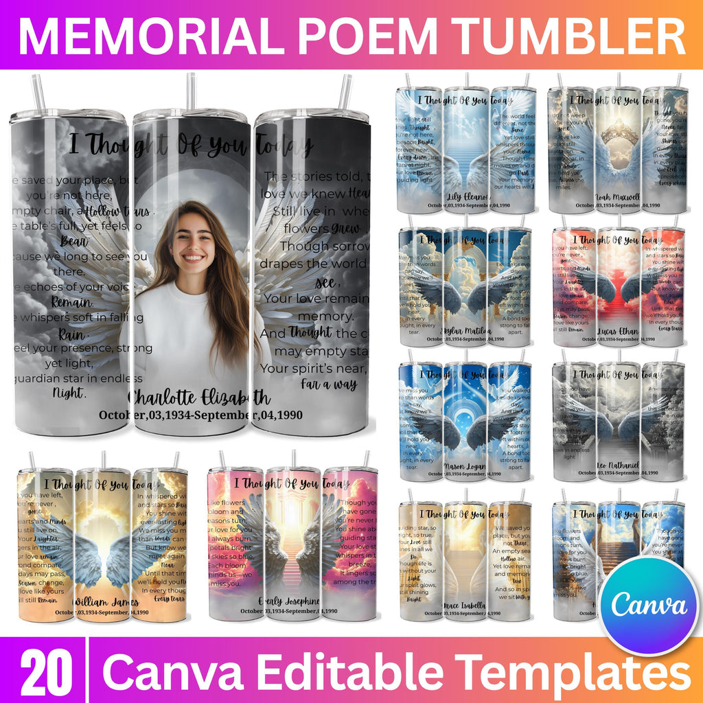 20 Memorial Poem Tumbler Canva Editable Template, I Thought Of You Today, Memorial Tumbler Template, Add your Own Photo Canva Tumbler - Editable Memorial Canva Template