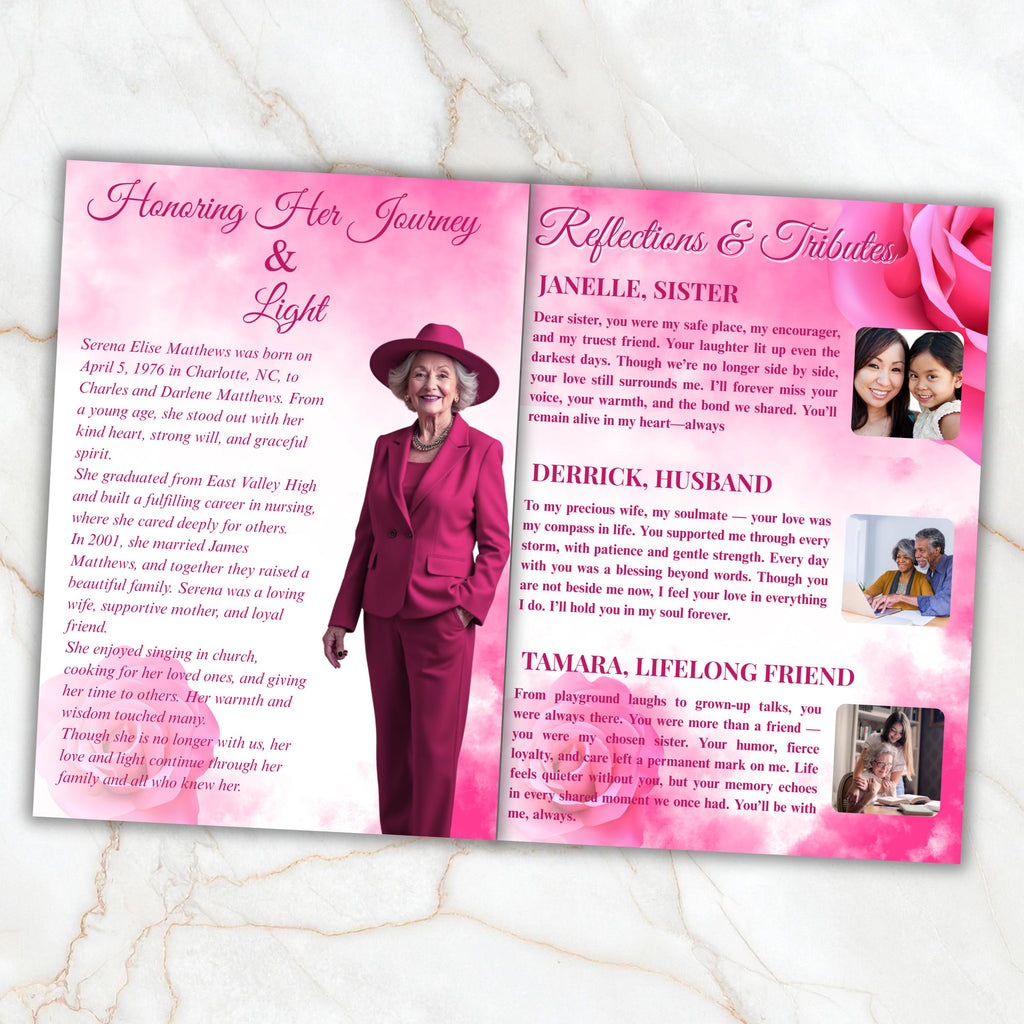 08 Pages Pink Funeral Program Template, Bi-Fold Funeral Program, Obituary Celebration Of Life Program, Digital Download - Editable Memorial Canva Template
