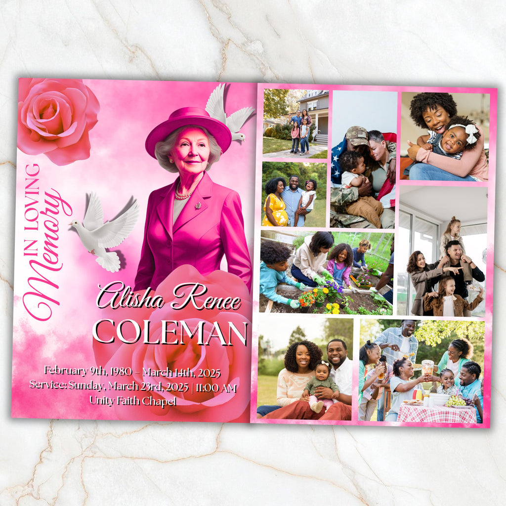 08 Pages Pink Funeral Program Template, Bi-Fold Funeral Program, Obituary Celebration Of Life Program, Digital Download - Editable Memorial Canva Template