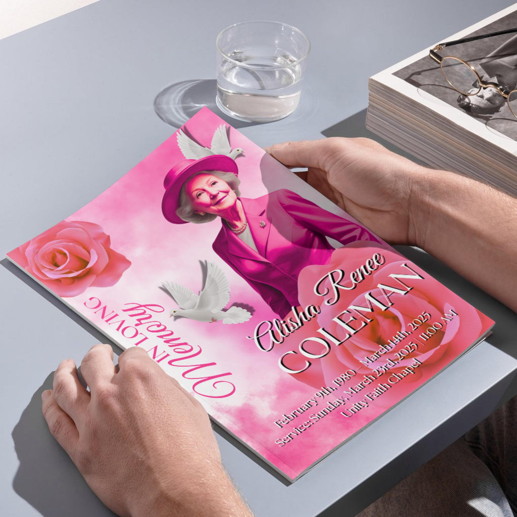 08 Pages Pink Funeral Program Template, Bi-Fold Funeral Program, Obituary Celebration Of Life Program, Digital Download - Editable Memorial Canva Template