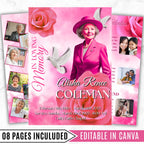 08 Pages Pink Funeral Program Template, Bi-Fold Funeral Program, Obituary Celebration Of Life Program, Digital Download - Editable Memorial Canva Template