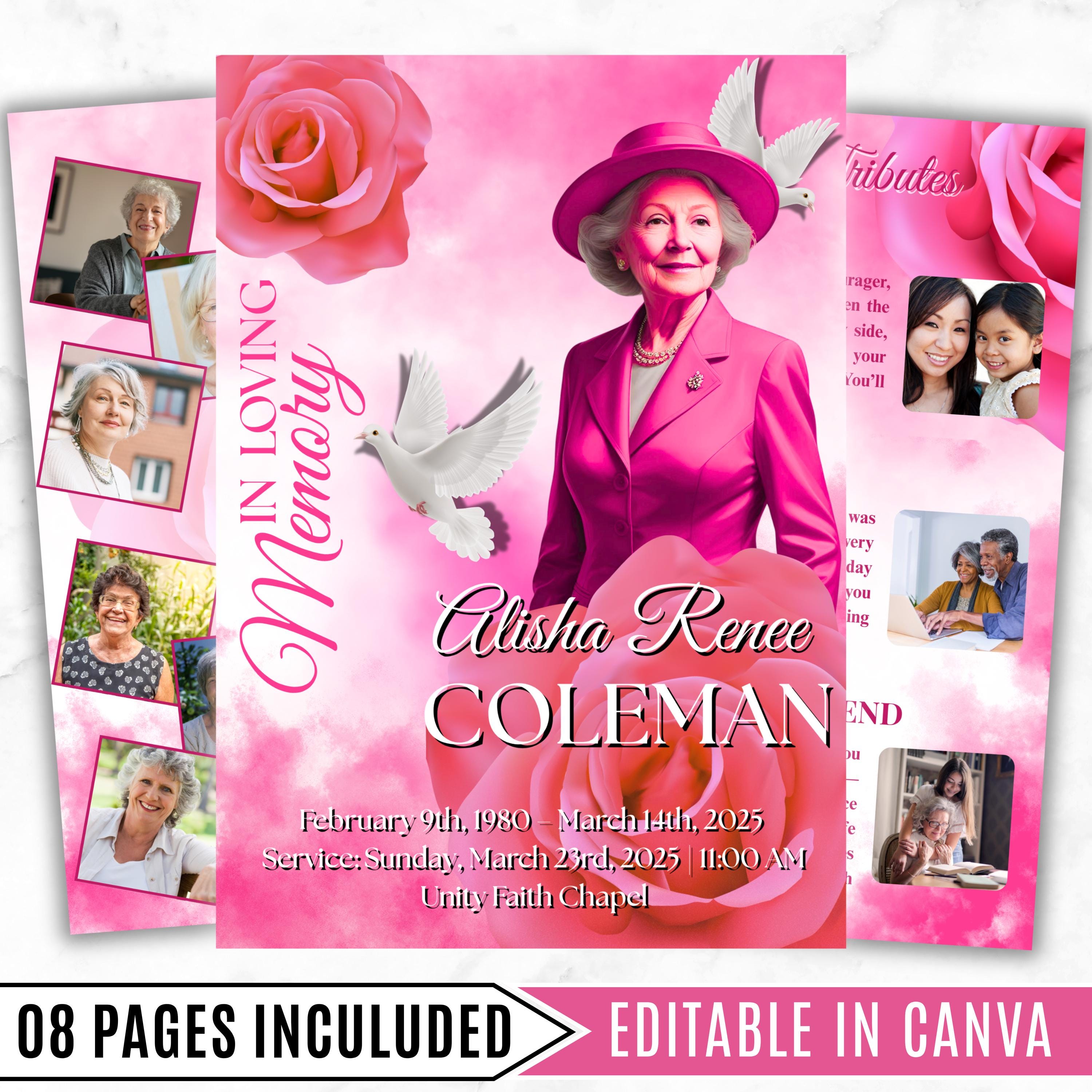 08 Pages Pink Funeral Program Template, Bi-Fold Funeral Program, Obituary Celebration Of Life Program, Digital Download - Editable Memorial Canva Template