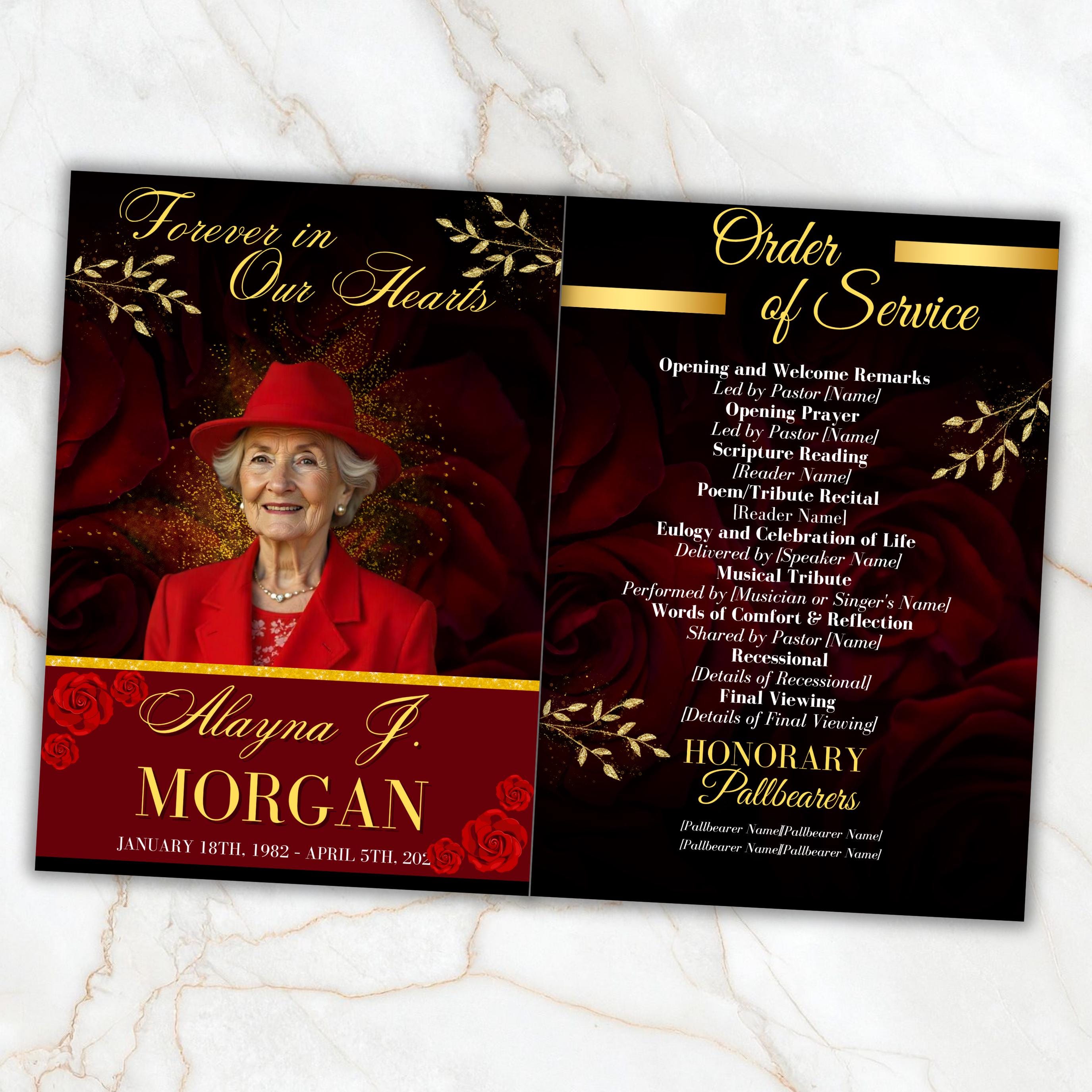 08 Pages Red Funeral Program Template, Bi-Fold Funeral Program, Obituary Celebration Of Life Program, Digital Download - Editable Memorial Canva Template