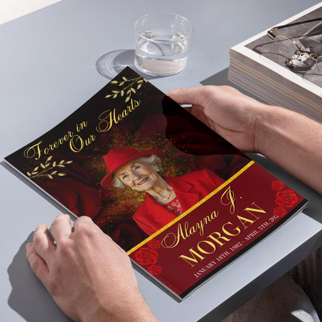 08 Pages Red Funeral Program Template, Bi-Fold Funeral Program, Obituary Celebration Of Life Program, Digital Download - Editable Memorial Canva Template