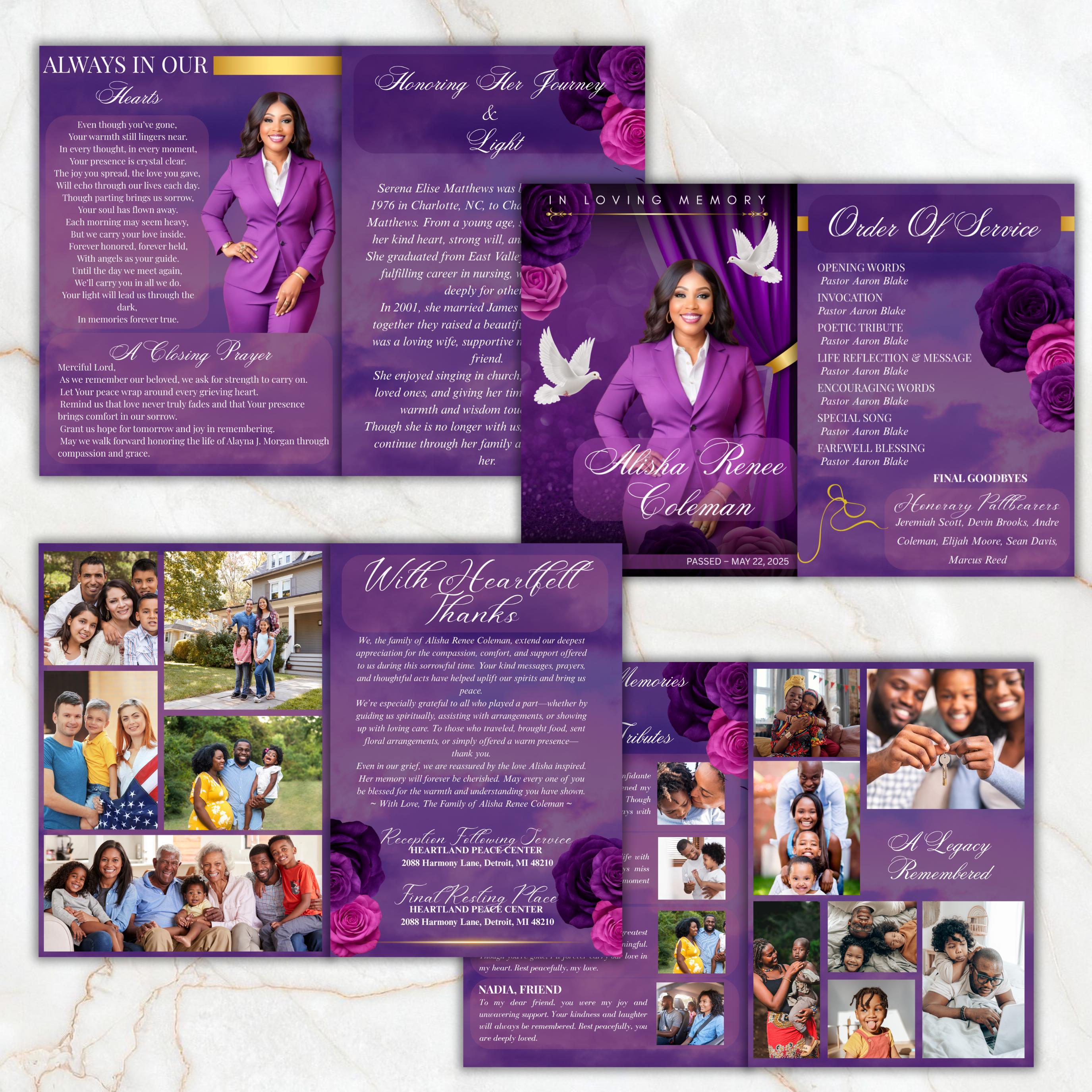 08 Pages Purple Funeral Program Template, Bi-Fold Funeral Program, Obituary Celebration Of Life Program, Digital Download - Editable Memorial Canva Template