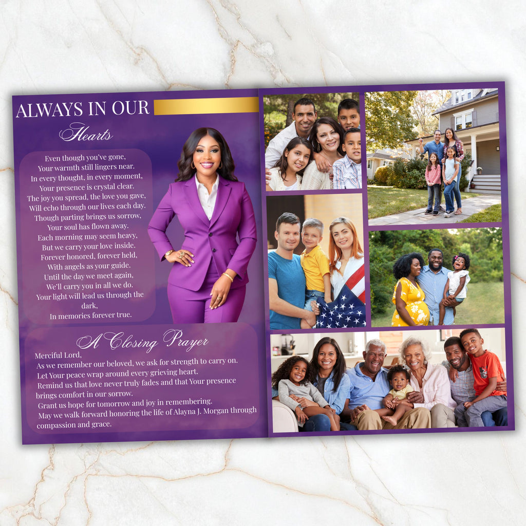 08 Pages Purple Funeral Program Template, Bi-Fold Funeral Program, Obituary Celebration Of Life Program, Digital Download - Editable Memorial Canva Template