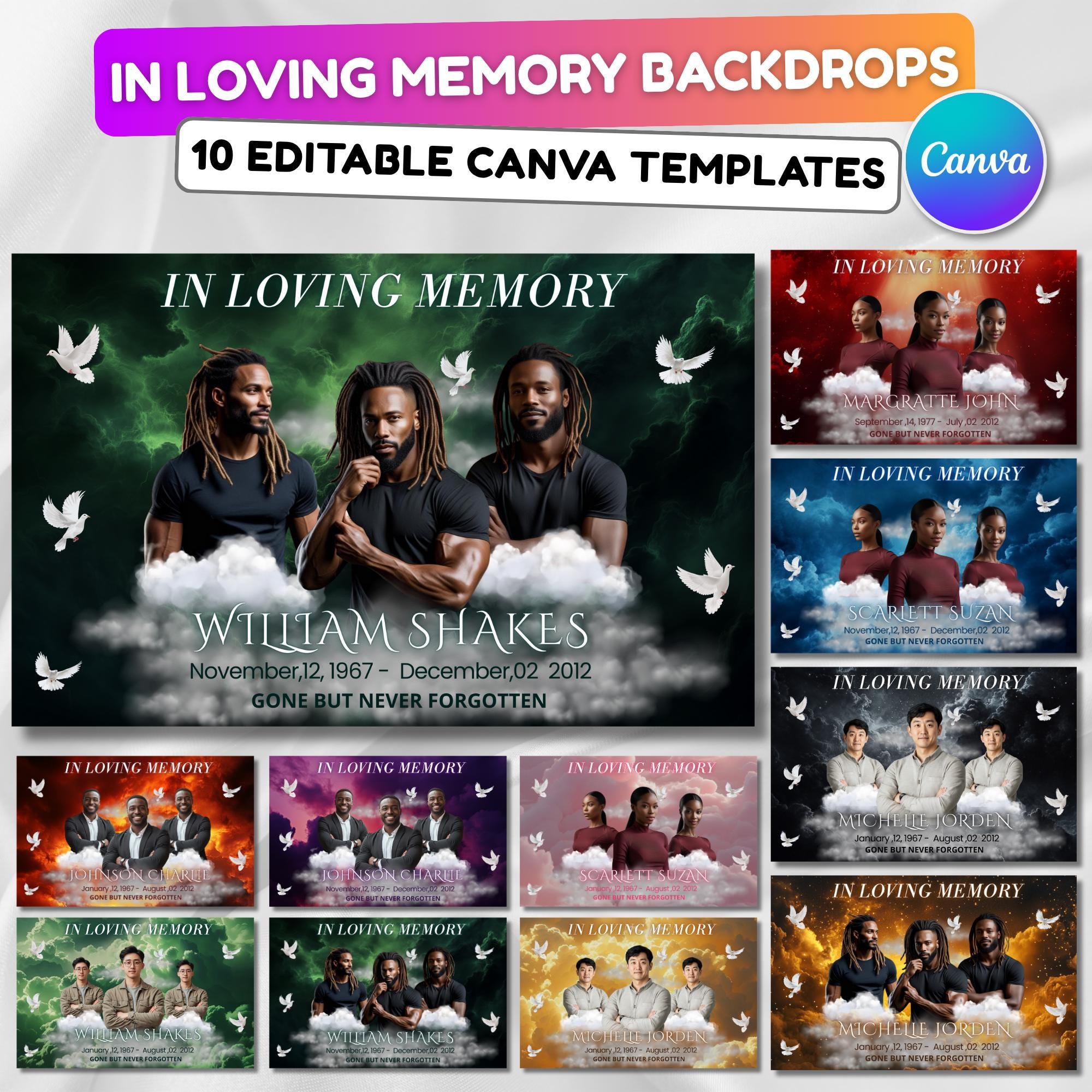 20 Memorial Backdrops Canva Editable Templates, In Loving Memory Backdrops, Funeral & Memorial Designs, Memorial Backgrounds, Rest In Peace - Editable Memorial Canva Template