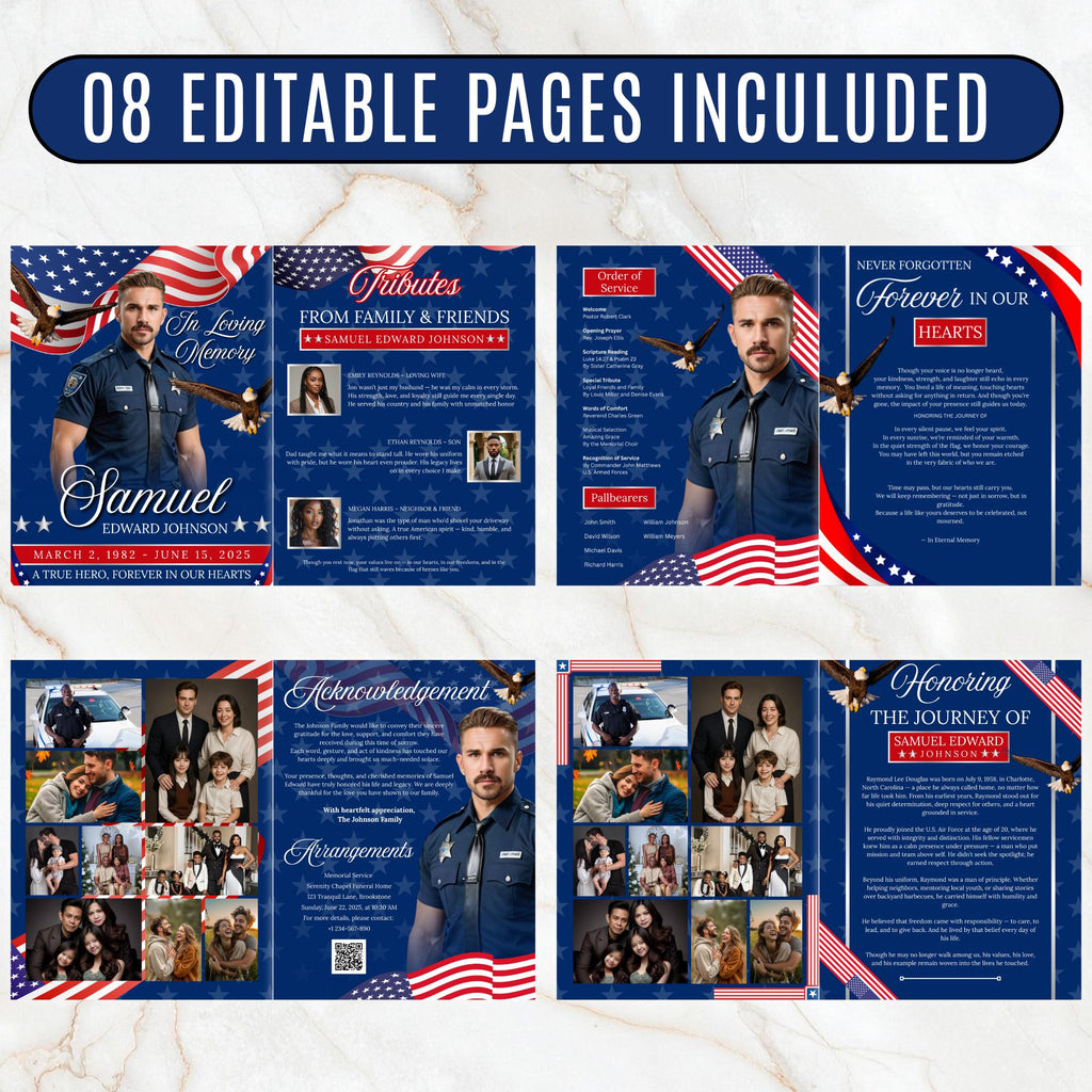 08 Pages Military Funeral Program Template, Bi-Fold Funeral Program, Obituary Celebration Of Life Program, Digital Download - Editable Memorial Canva Template