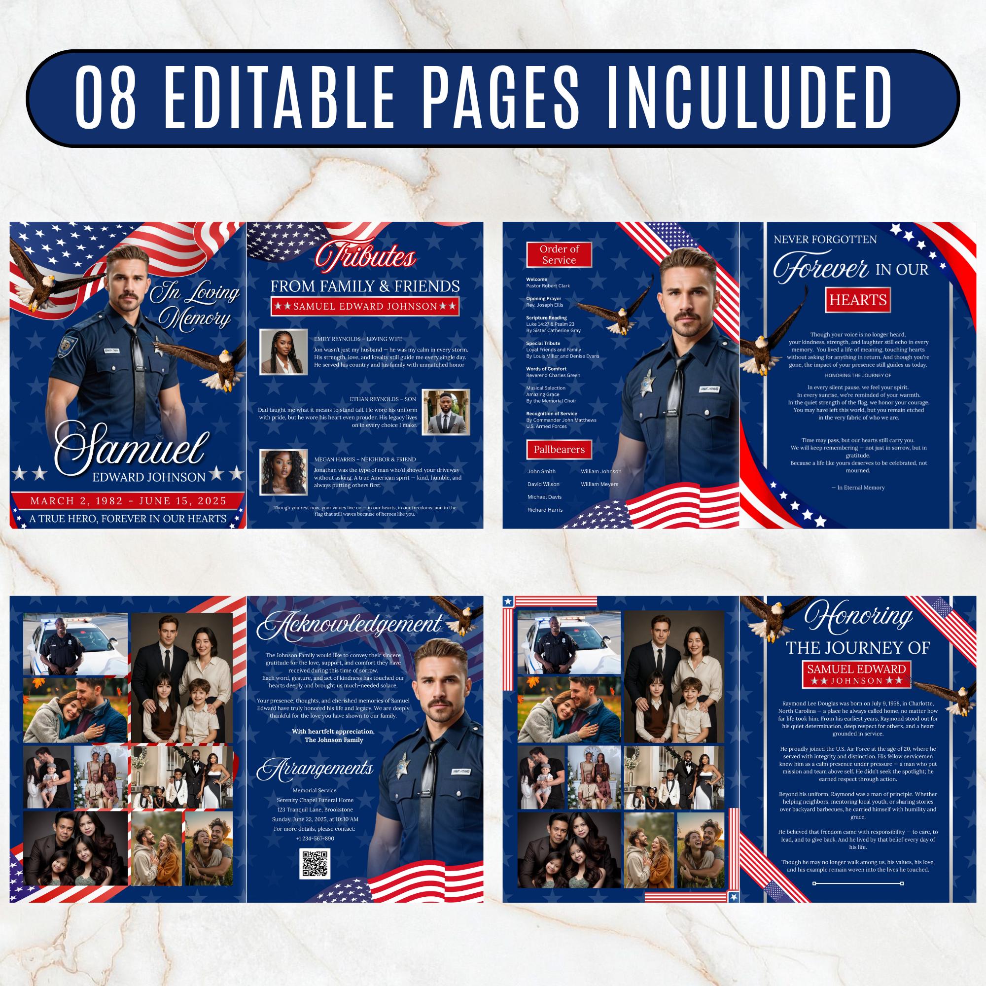 08 Pages Military Funeral Program Template, Bi-Fold Funeral Program, Obituary Celebration Of Life Program, Digital Download - Editable Memorial Canva Template