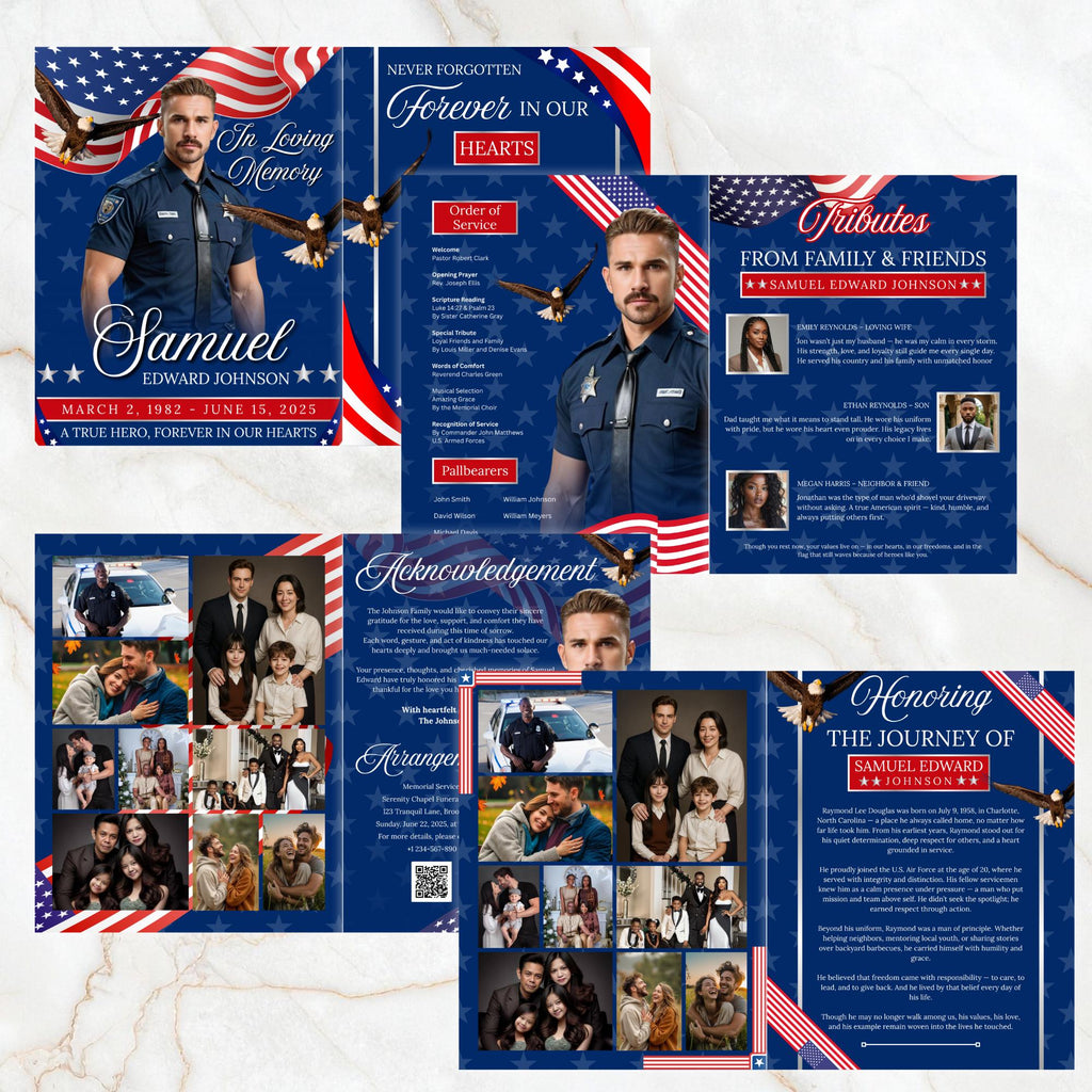 08 Pages Military Funeral Program Template, Bi-Fold Funeral Program, Obituary Celebration Of Life Program, Digital Download - Editable Memorial Canva Template