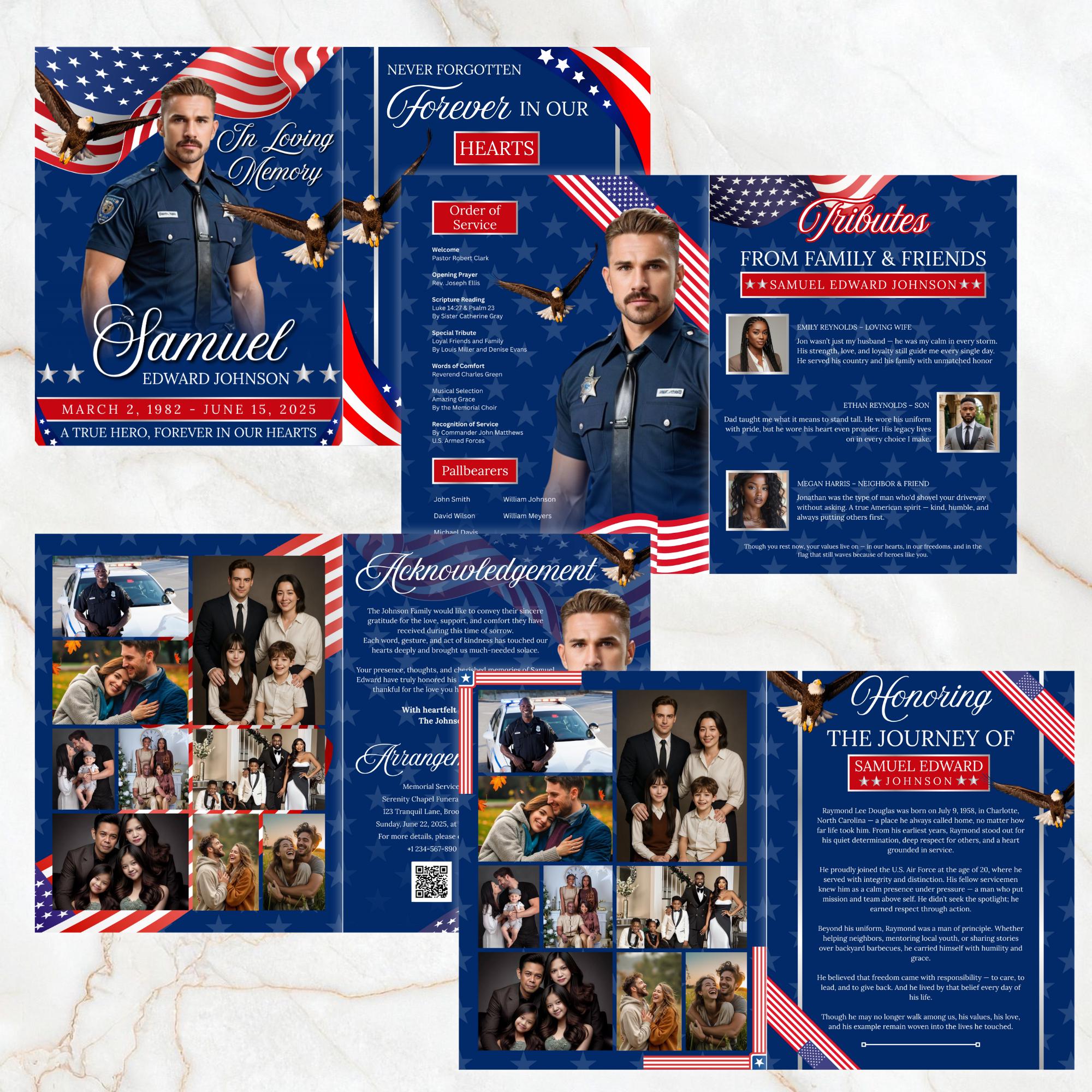 08 Pages Military Funeral Program Template, Bi-Fold Funeral Program, Obituary Celebration Of Life Program, Digital Download - Editable Memorial Canva Template
