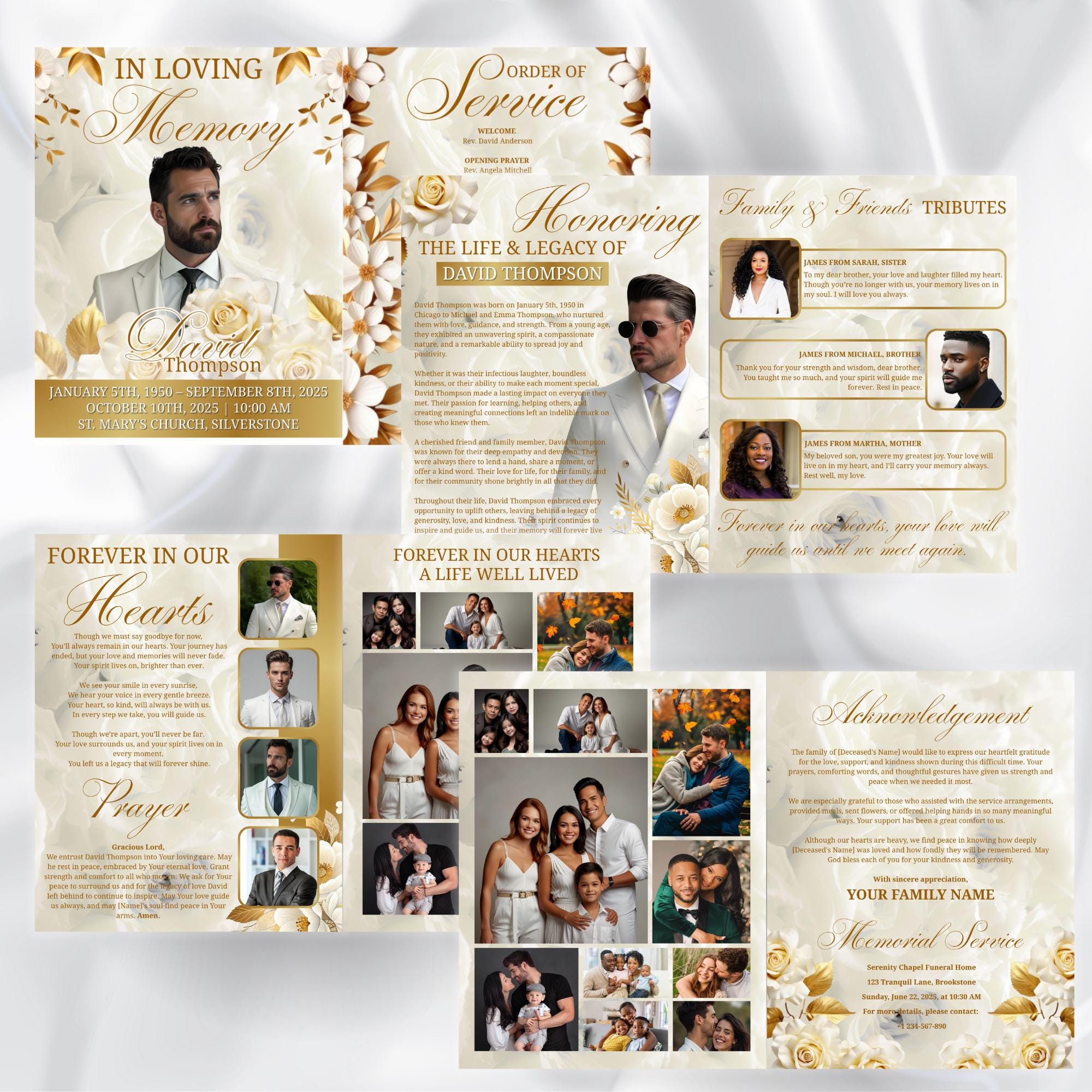 08 Pages White Funeral Program Template, Bi-Fold Funeral Program, Obituary Celebration Of Life Program, Digital Download - Editable Memorial Canva Template