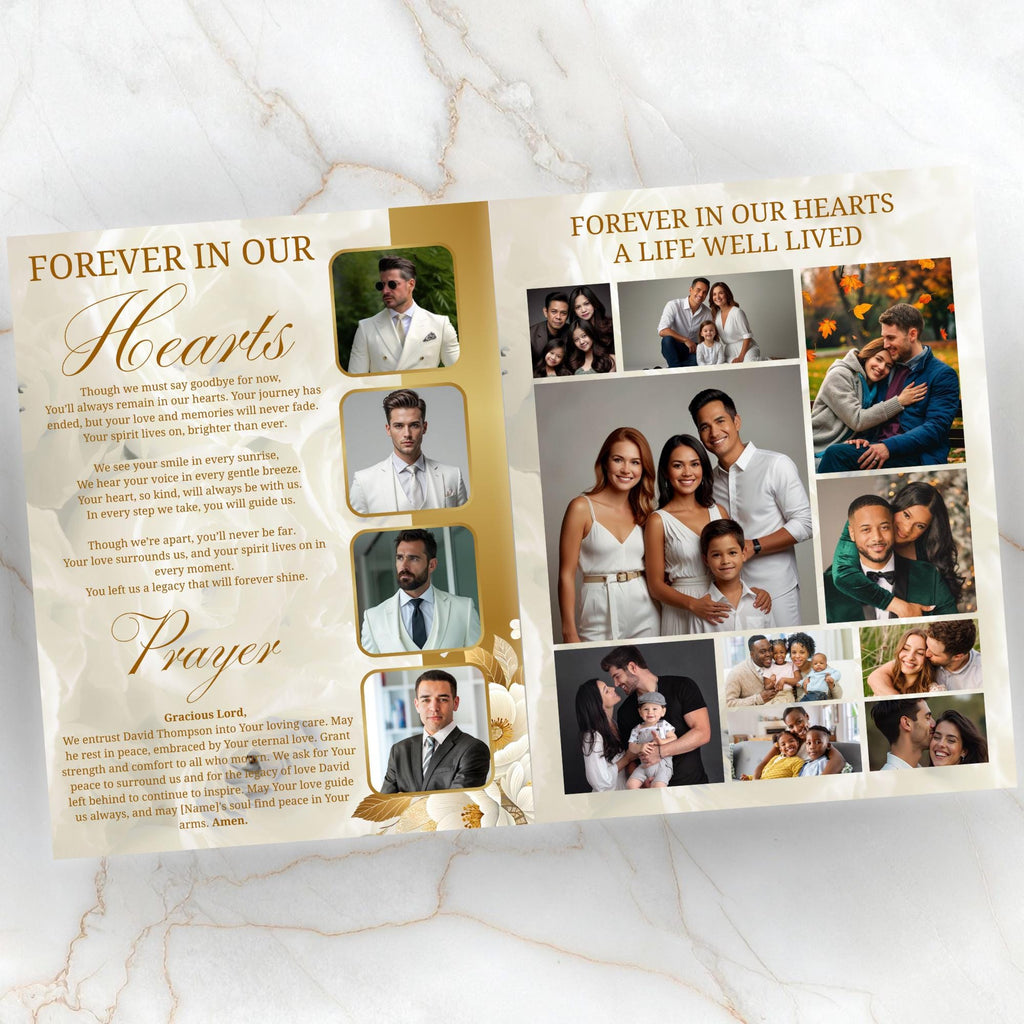 08 Pages White Funeral Program Template, Bi-Fold Funeral Program, Obituary Celebration Of Life Program, Digital Download - Editable Memorial Canva Template