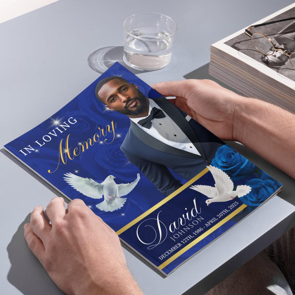 08 Pages Blue Funeral Program Template, Bi-Fold Funeral Program, Obituary Celebration Of Life Program, Digital Download - Editable Memorial Canva Template