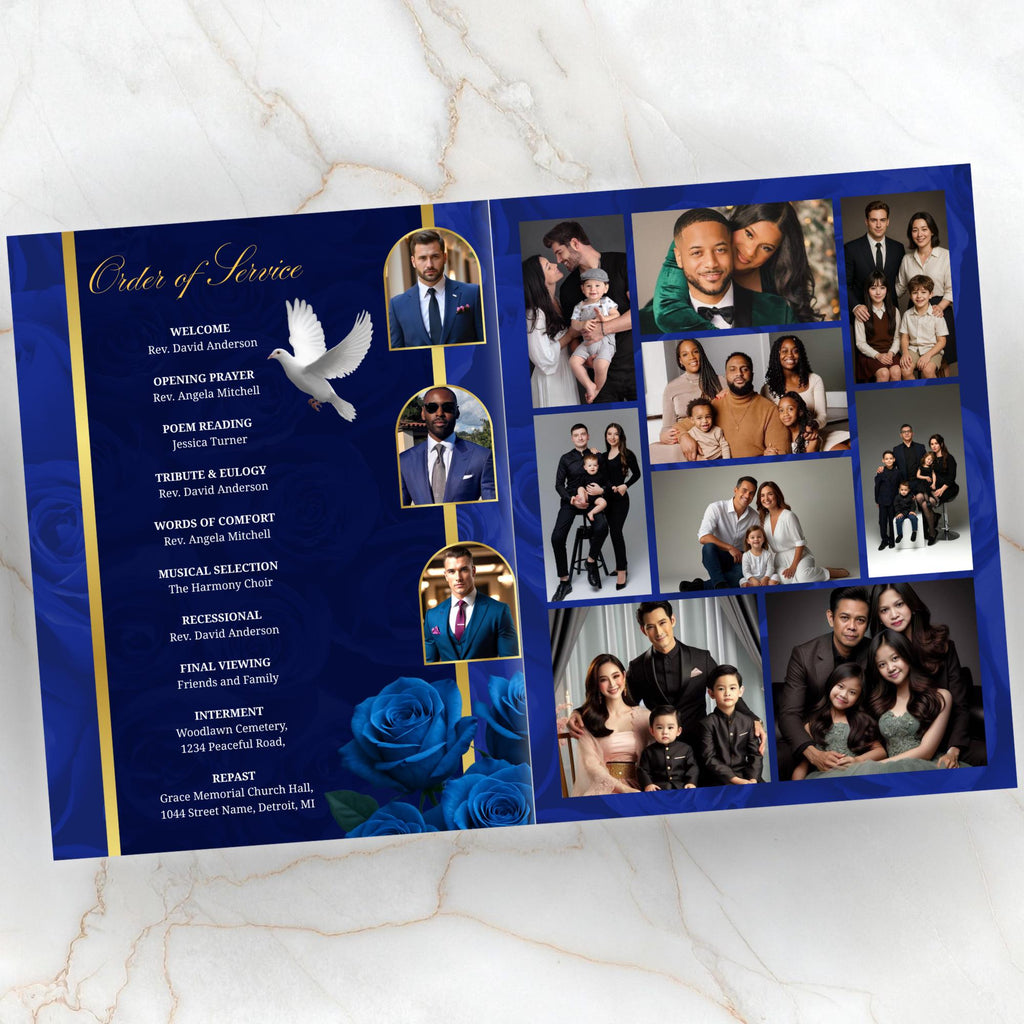 08 Pages Blue Funeral Program Template, Bi-Fold Funeral Program, Obituary Celebration Of Life Program, Digital Download - Editable Memorial Canva Template