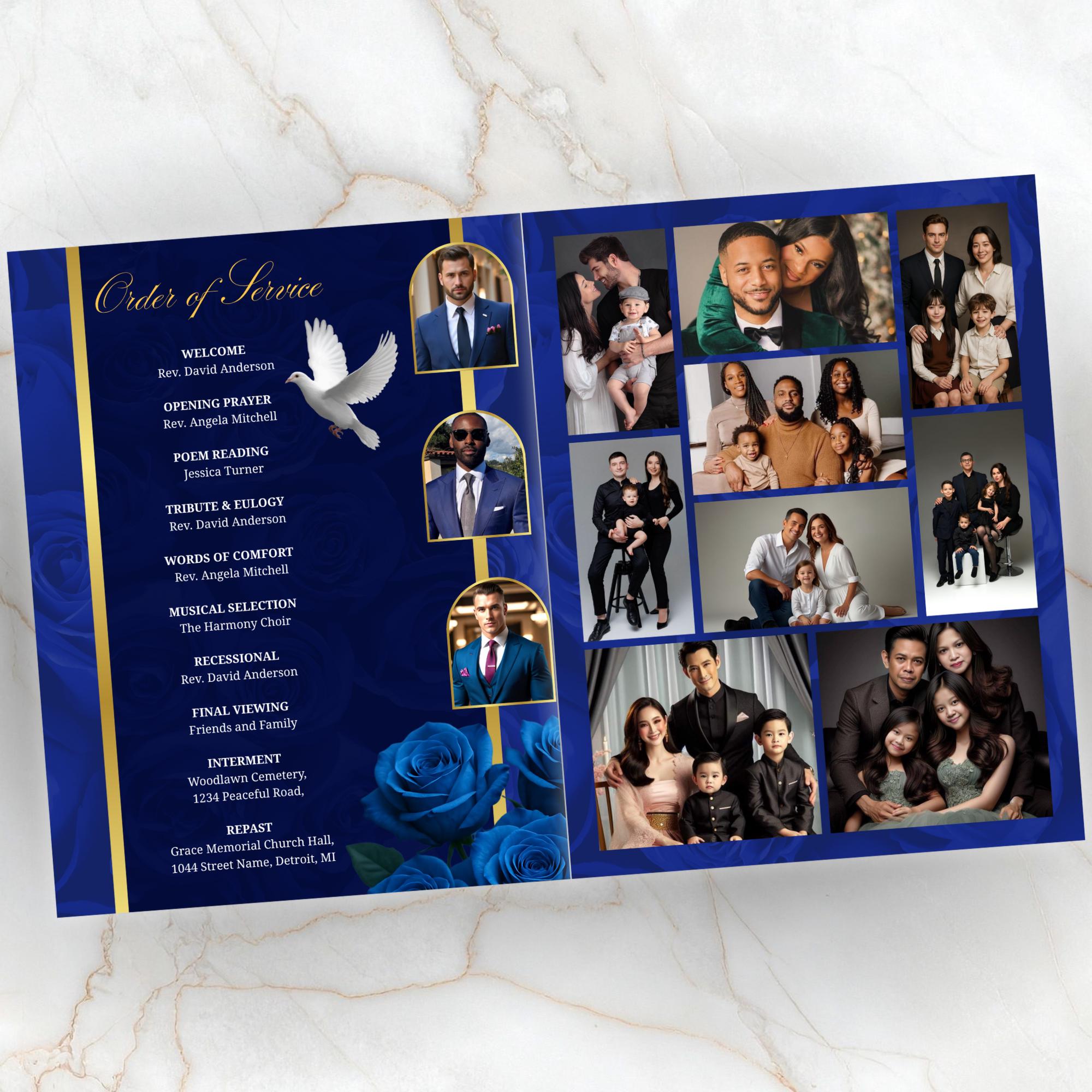 08 Pages Blue Funeral Program Template, Bi-Fold Funeral Program, Obituary Celebration Of Life Program, Digital Download - Editable Memorial Canva Template