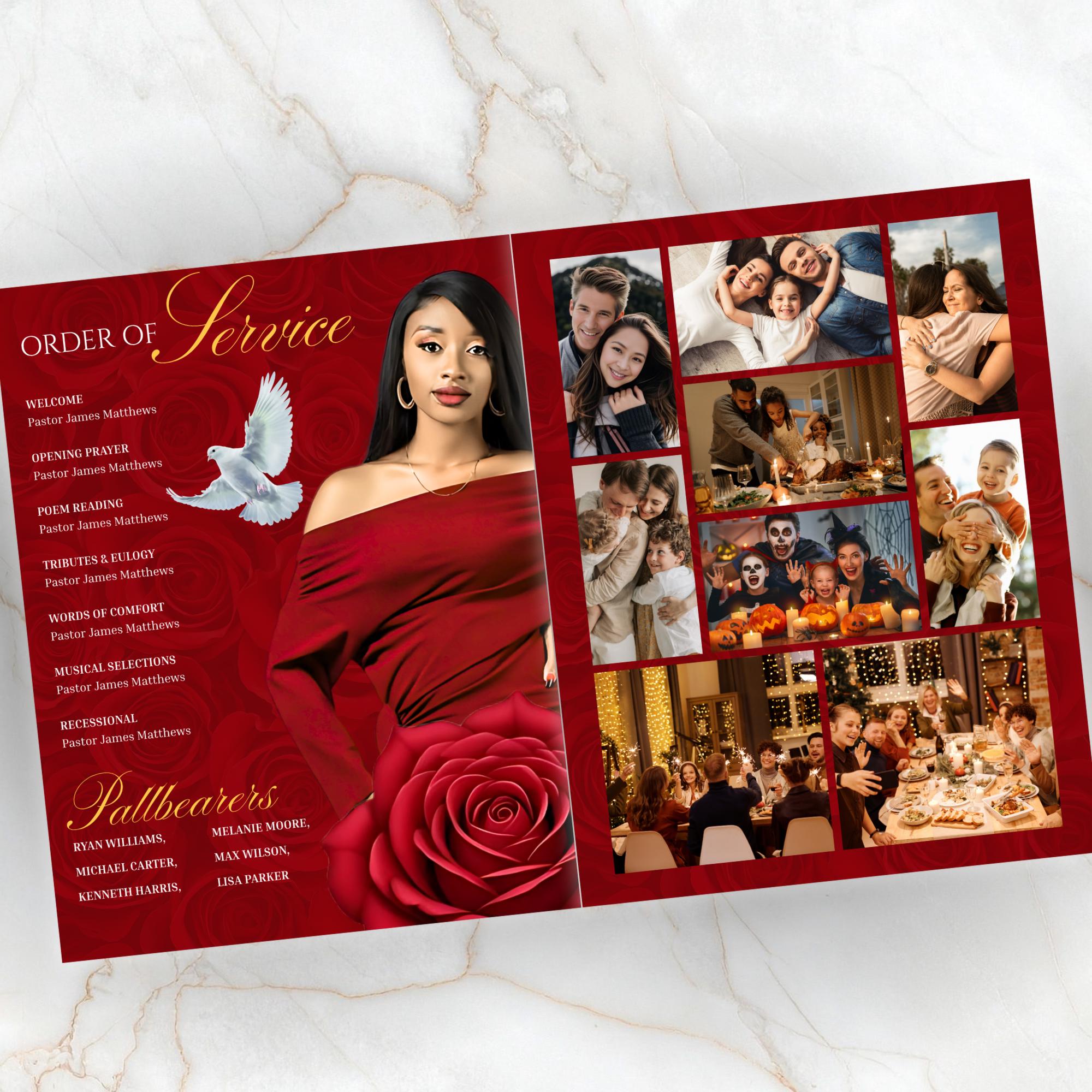 08 Pages Red Funeral Program Template, Bi-Fold Funeral Program, Obituary Celebration Of Life Program, Digital Download - Editable Memorial Canva Template