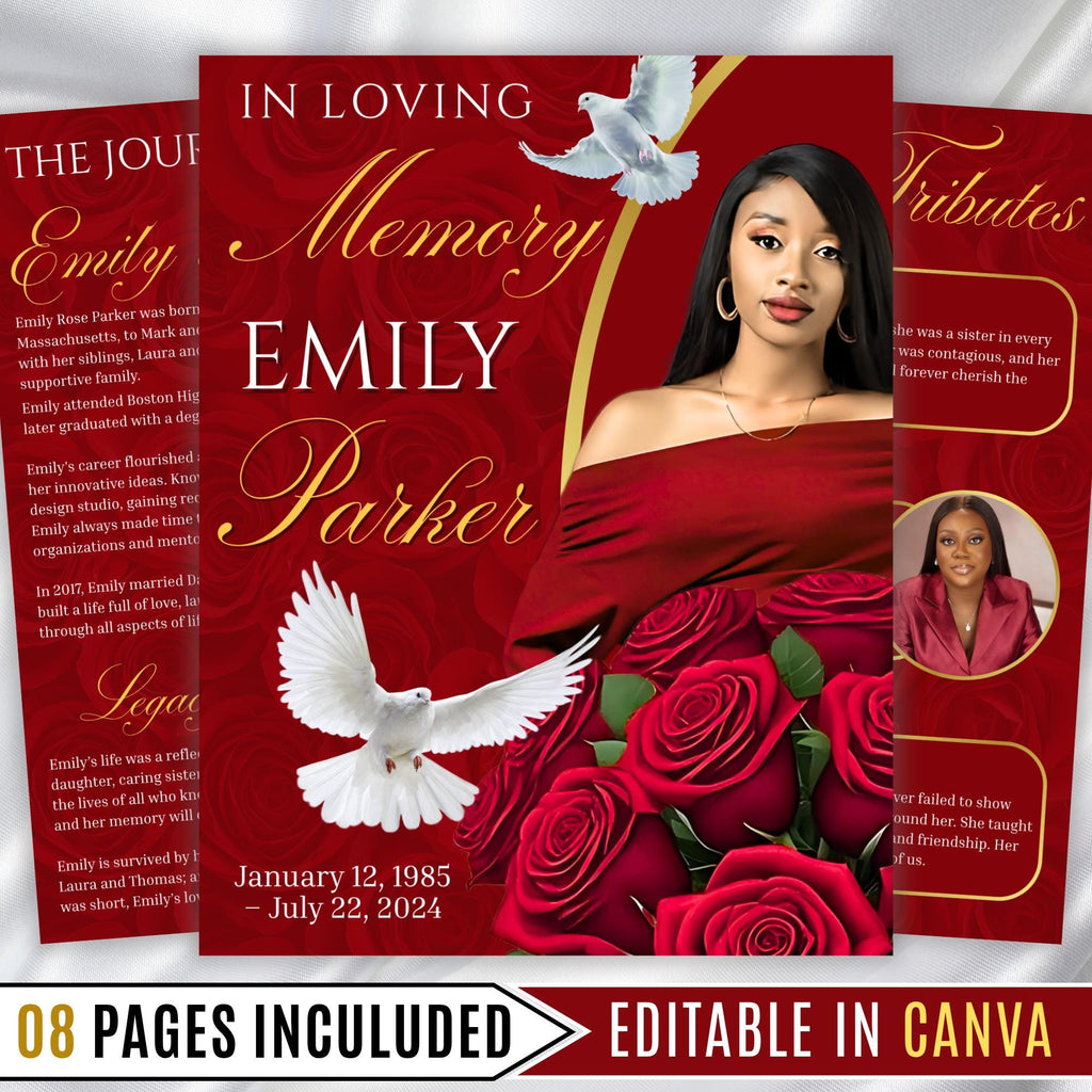 08 Pages Red Funeral Program Template, Bi-Fold Funeral Program, Obituary Celebration Of Life Program, Digital Download - Editable Memorial Canva Template