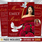 08 Pages Red Funeral Program Template, Bi-Fold Funeral Program, Obituary Celebration Of Life Program, Digital Download - Editable Memorial Canva Template