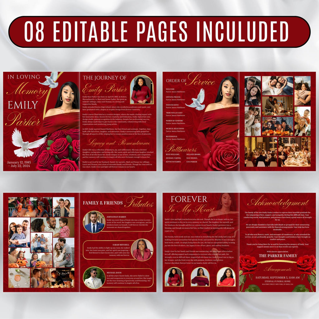 08 Pages Red Funeral Program Template, Bi-Fold Funeral Program, Obituary Celebration Of Life Program, Digital Download - Editable Memorial Canva Template