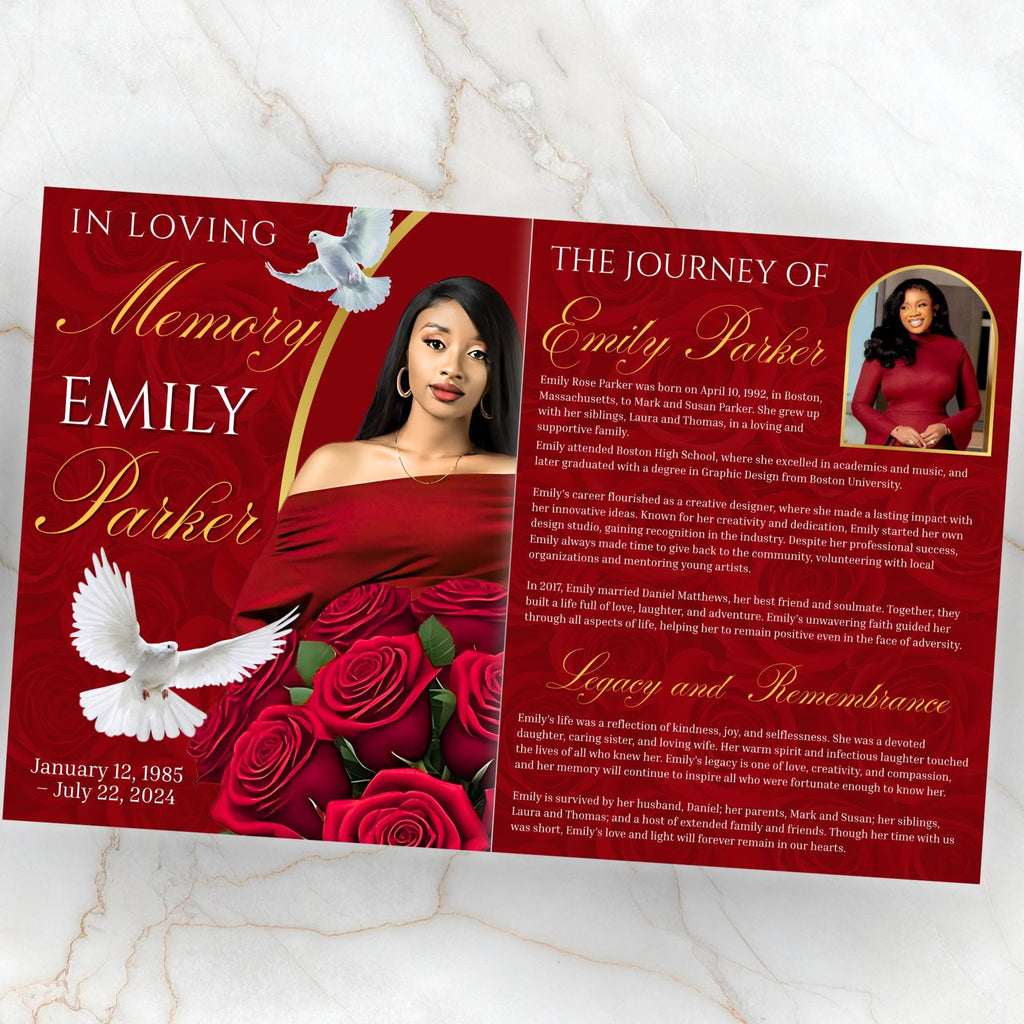 08 Pages Red Funeral Program Template, Bi-Fold Funeral Program, Obituary Celebration Of Life Program, Digital Download - Editable Memorial Canva Template