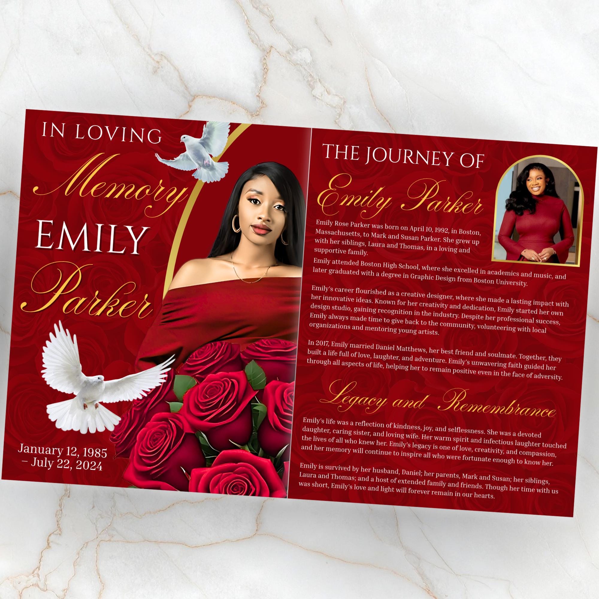 08 Pages Red Funeral Program Template, Bi-Fold Funeral Program, Obituary Celebration Of Life Program, Digital Download - Editable Memorial Canva Template