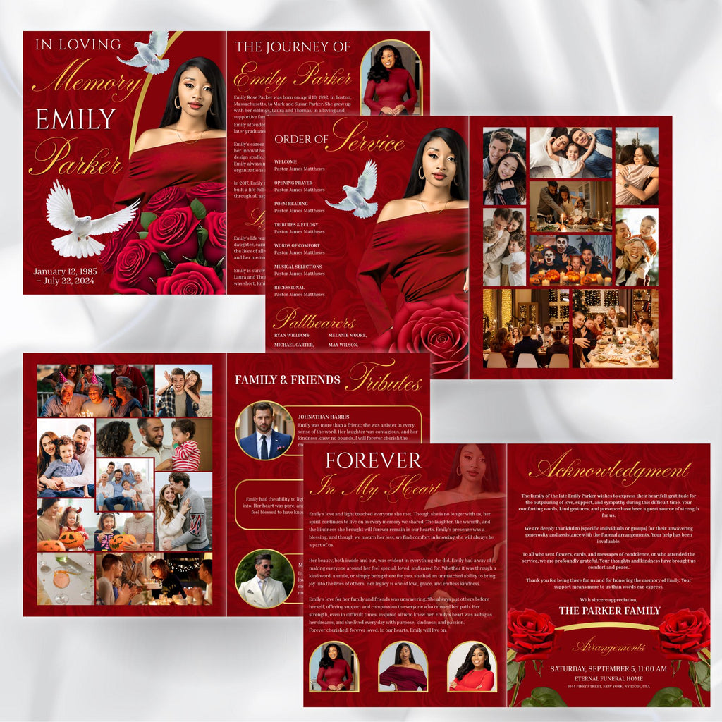 08 Pages Red Funeral Program Template, Bi-Fold Funeral Program, Obituary Celebration Of Life Program, Digital Download - Editable Memorial Canva Template