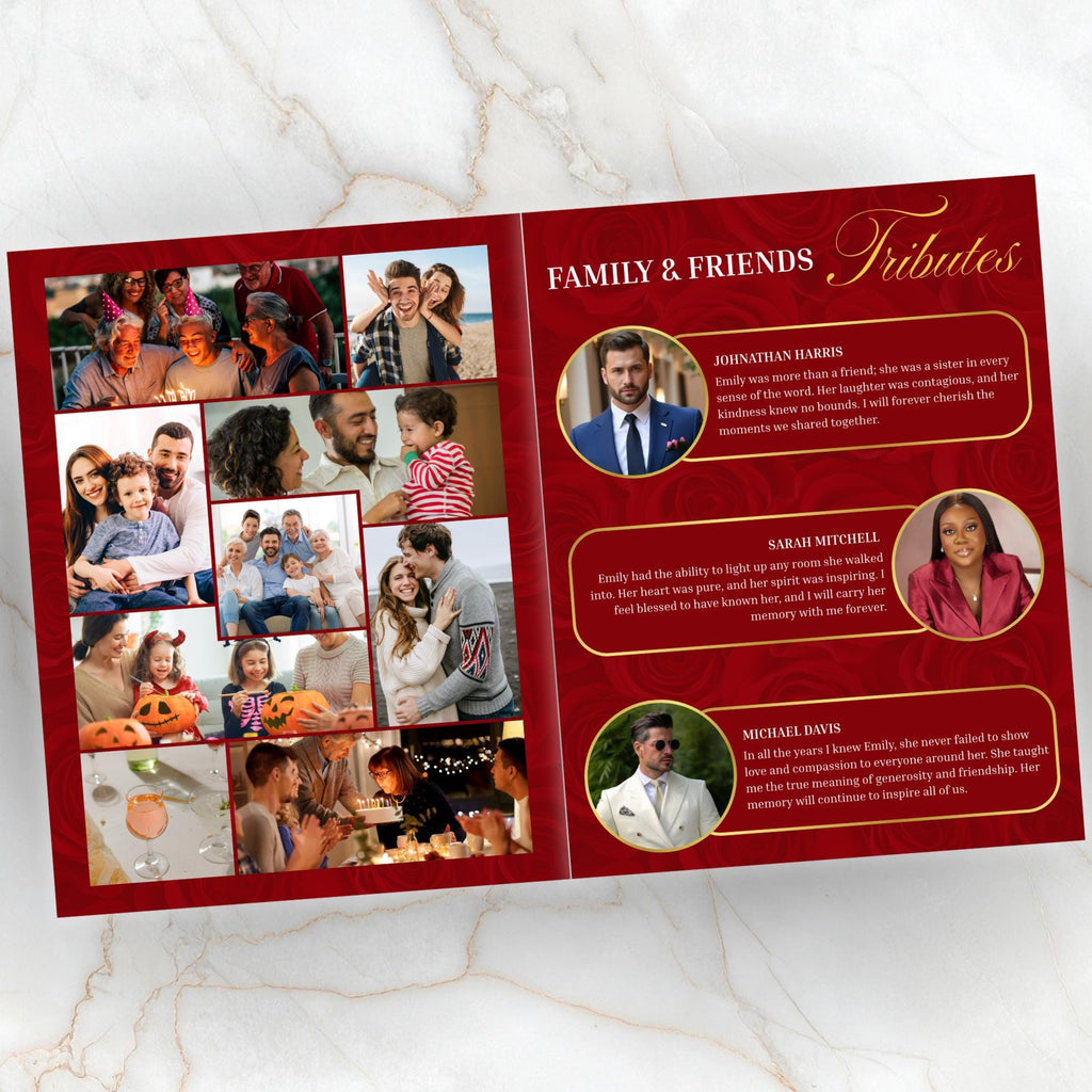 08 Pages Red Funeral Program Template, Bi-Fold Funeral Program, Obituary Celebration Of Life Program, Digital Download - Editable Memorial Canva Template
