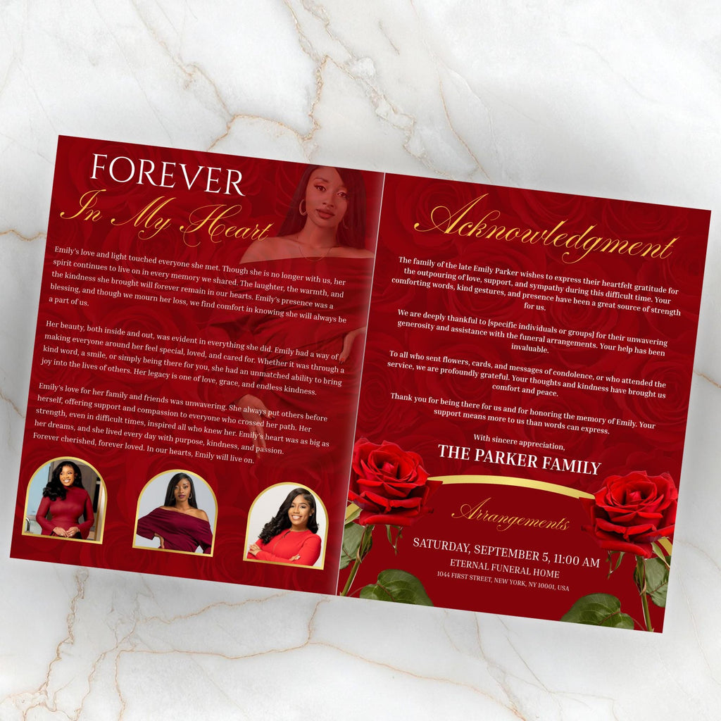 08 Pages Red Funeral Program Template, Bi-Fold Funeral Program, Obituary Celebration Of Life Program, Digital Download - Editable Memorial Canva Template