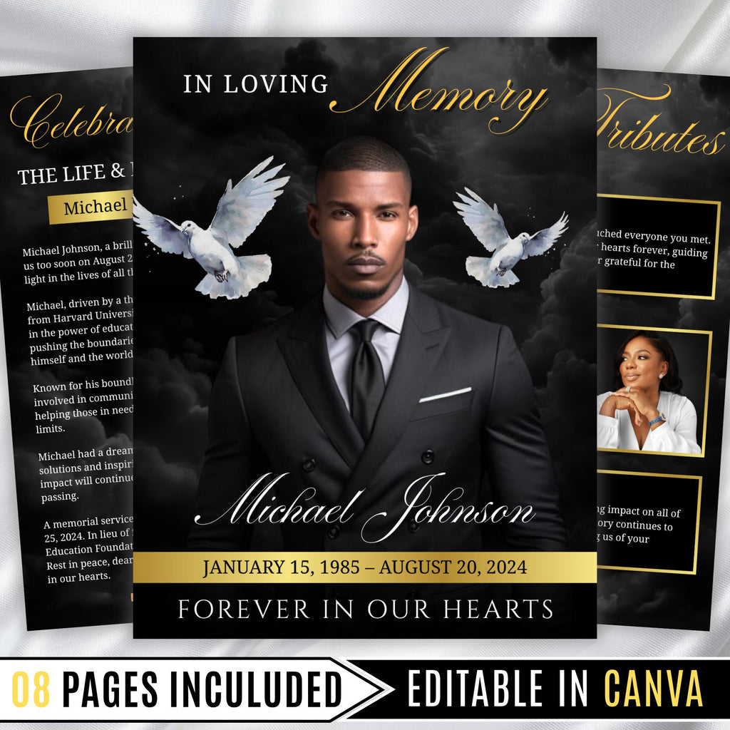 08 Pages Black Funeral Program Template, Bi-Fold Funeral Program, Obituary Celebration Of Life Program, Digital Download - Editable Memorial Canva Template