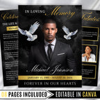 08 Pages Black Funeral Program Template, Bi-Fold Funeral Program, Obituary Celebration Of Life Program, Digital Download - Editable Memorial Canva Template