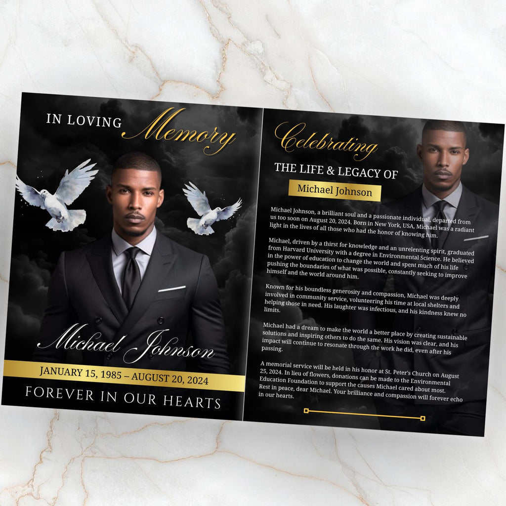 08 Pages Black Funeral Program Template, Bi-Fold Funeral Program, Obituary Celebration Of Life Program, Digital Download - Editable Memorial Canva Template