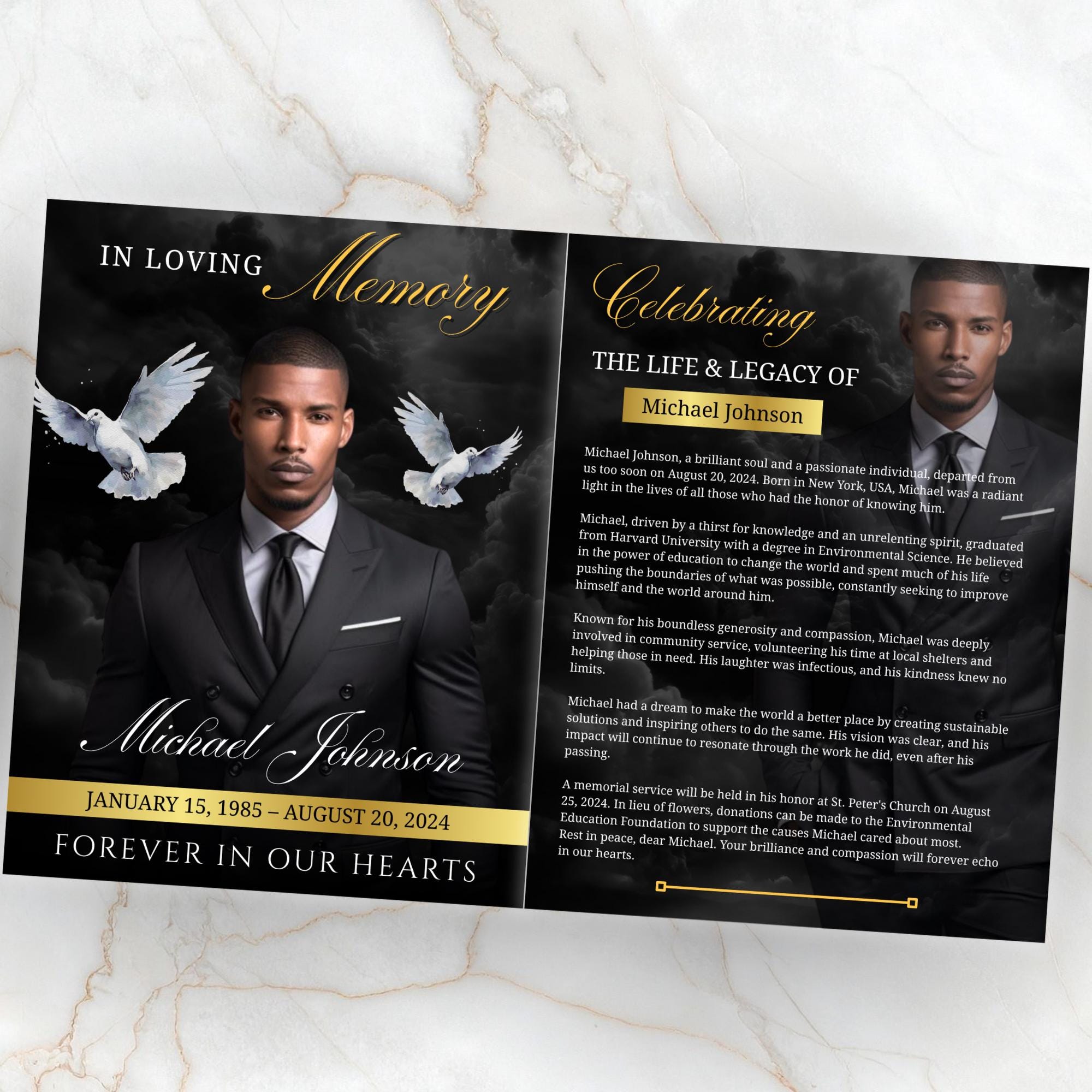 08 Pages Black Funeral Program Template, Bi-Fold Funeral Program, Obituary Celebration Of Life Program, Digital Download - Editable Memorial Canva Template