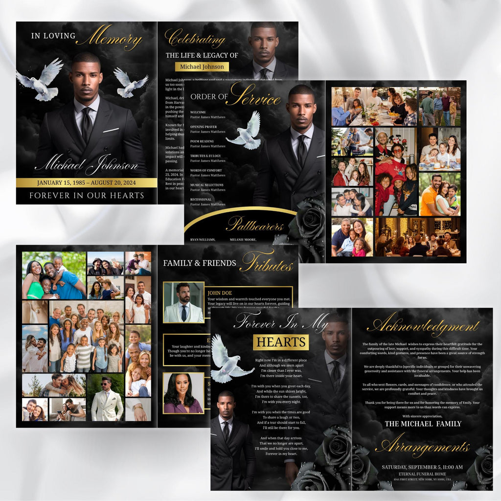 08 Pages Black Funeral Program Template, Bi-Fold Funeral Program, Obituary Celebration Of Life Program, Digital Download - Editable Memorial Canva Template