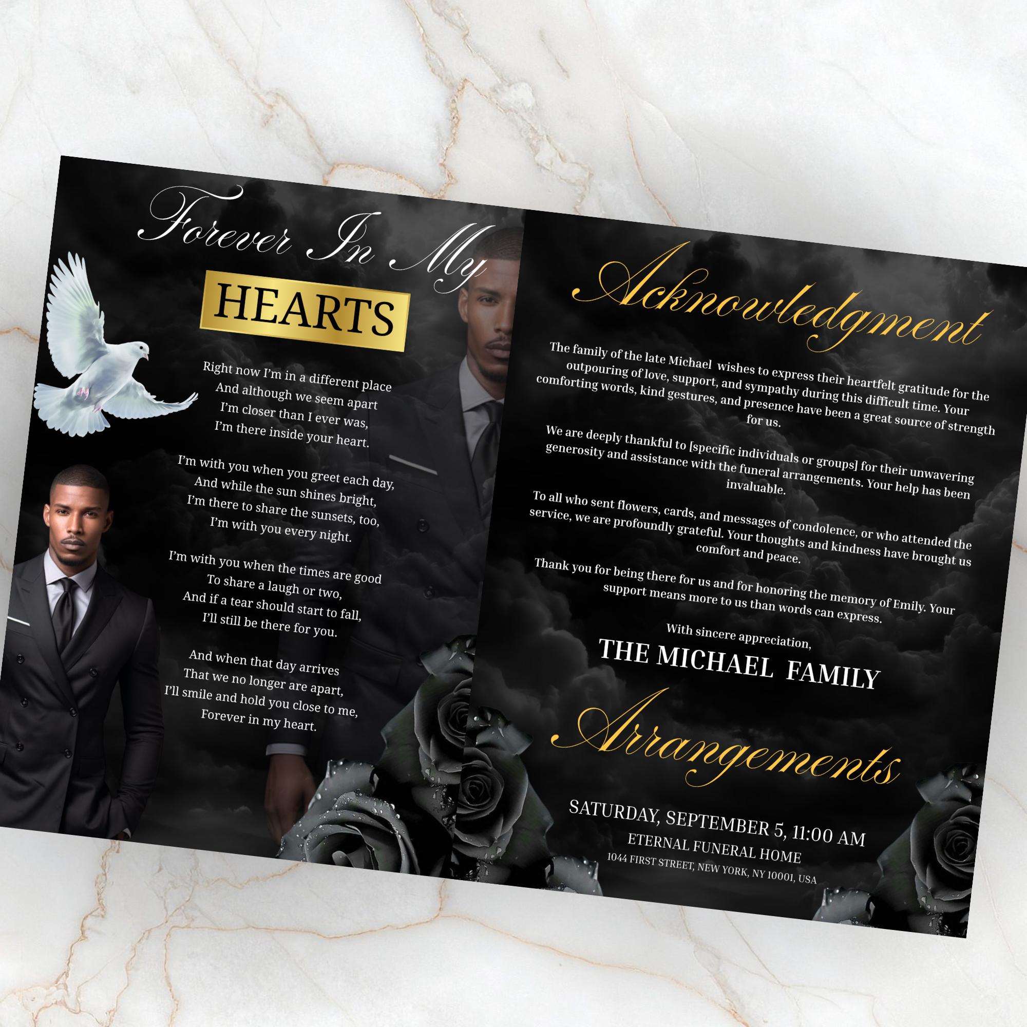 08 Pages Black Funeral Program Template, Bi-Fold Funeral Program, Obituary Celebration Of Life Program, Digital Download - Editable Memorial Canva Template
