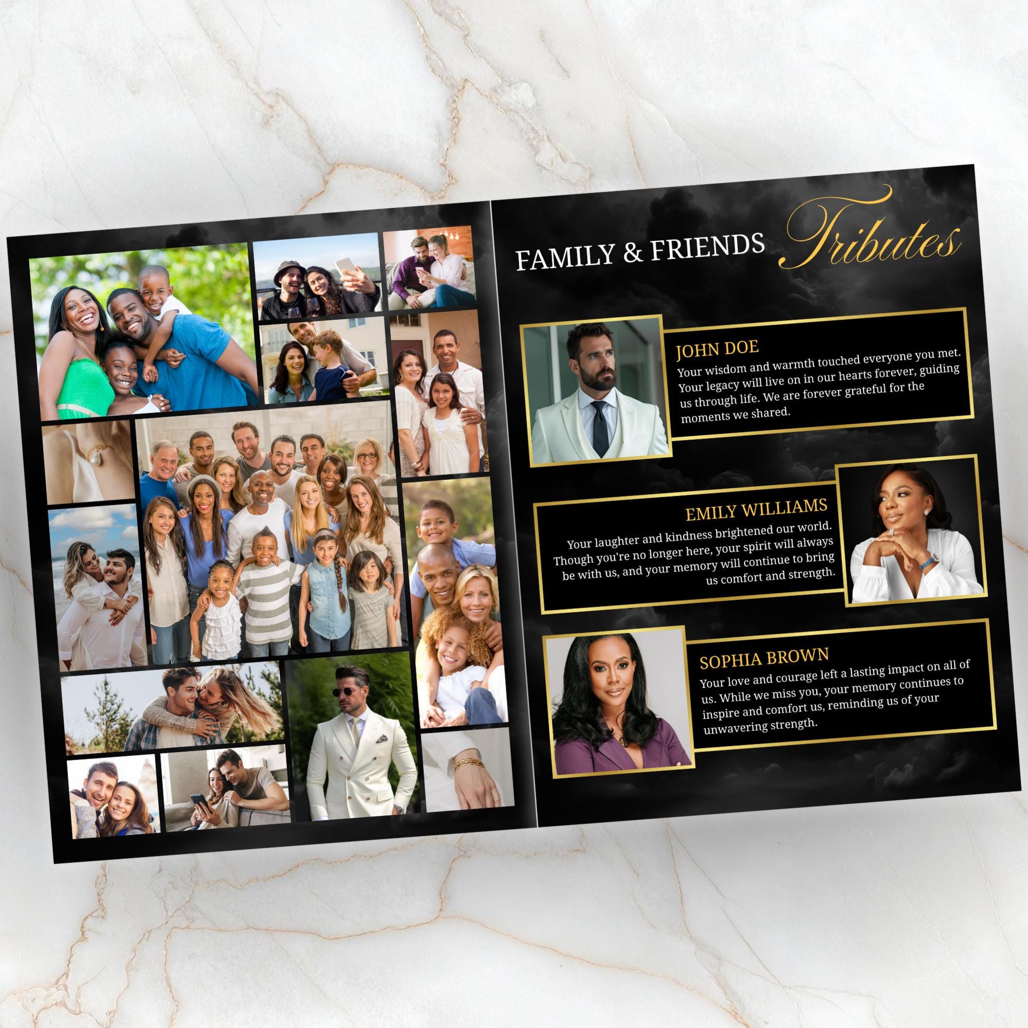 08 Pages Black Funeral Program Template, Bi-Fold Funeral Program, Obituary Celebration Of Life Program, Digital Download - Editable Memorial Canva Template