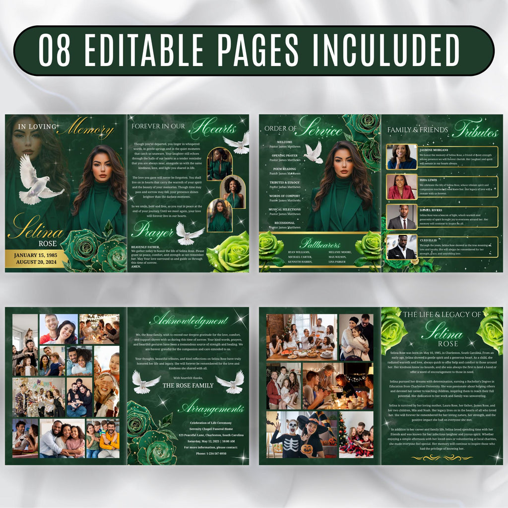 08 Pages Green Funeral Program Template, Bi-Fold Funeral Program, Obituary Celebration Of Life Program, Digital Download - Editable Memorial Canva Template