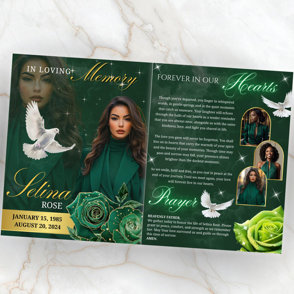 08 Pages Green Funeral Program Template, Bi-Fold Funeral Program, Obituary Celebration Of Life Program, Digital Download - Editable Memorial Canva Template