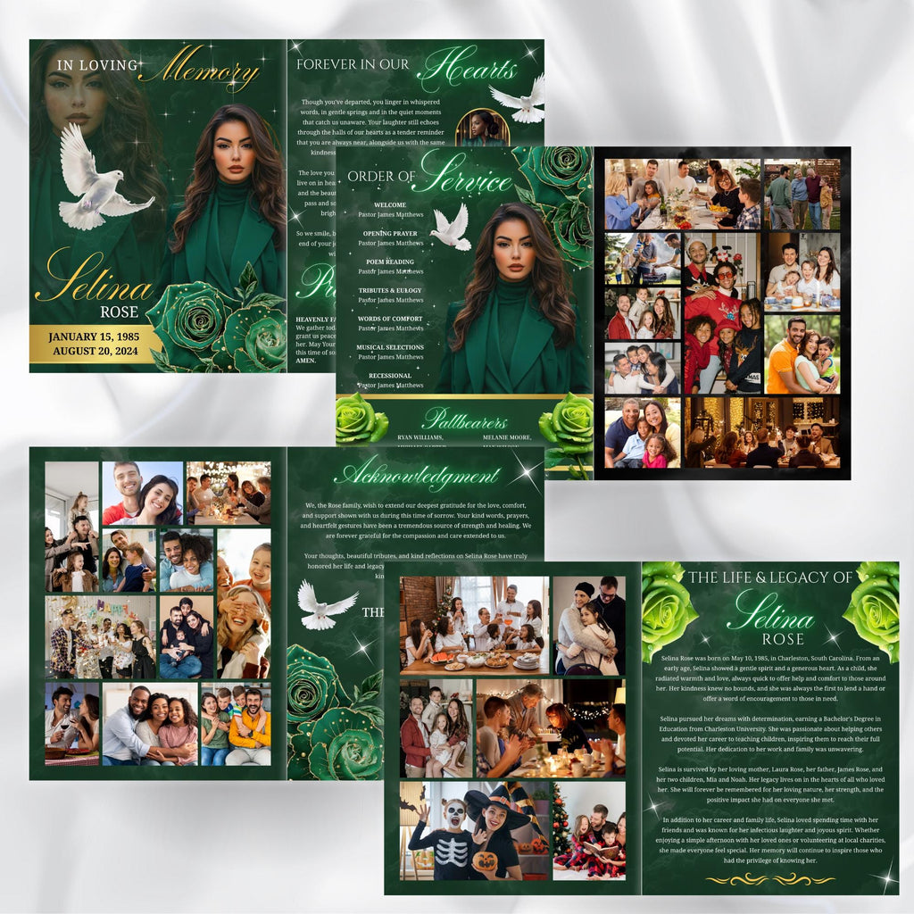 08 Pages Green Funeral Program Template, Bi-Fold Funeral Program, Obituary Celebration Of Life Program, Digital Download - Editable Memorial Canva Template