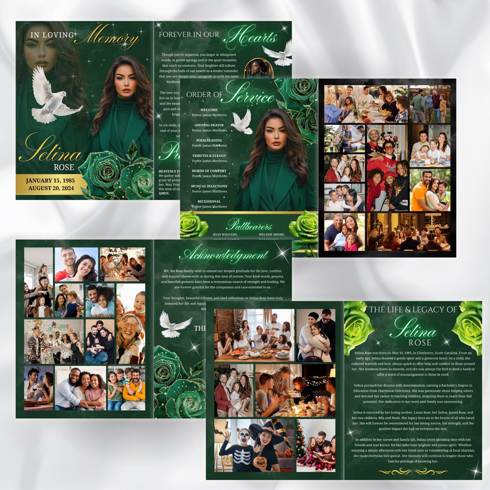 08 Pages Green Funeral Program Template, Bi-Fold Funeral Program, Obituary Celebration Of Life Program, Digital Download - Editable Memorial Canva Template
