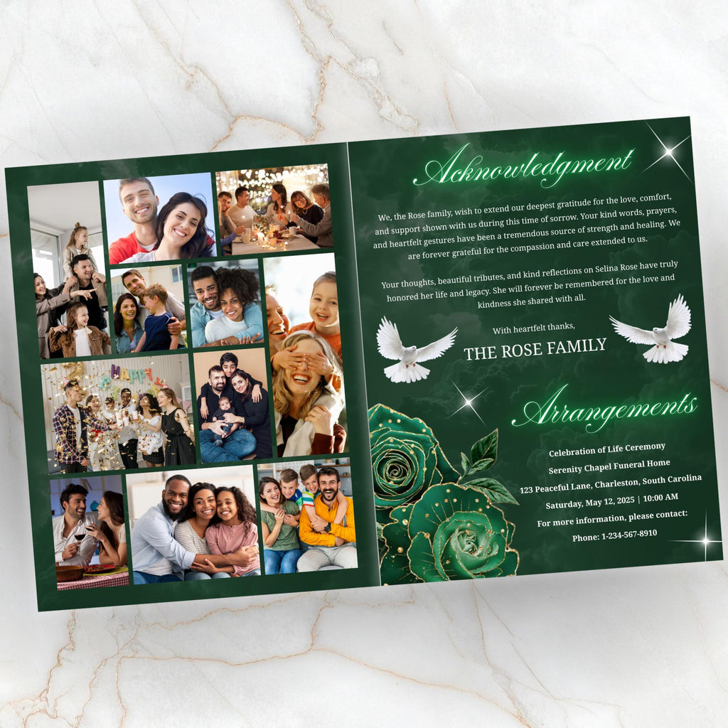 08 Pages Green Funeral Program Template, Bi-Fold Funeral Program, Obituary Celebration Of Life Program, Digital Download - Editable Memorial Canva Template