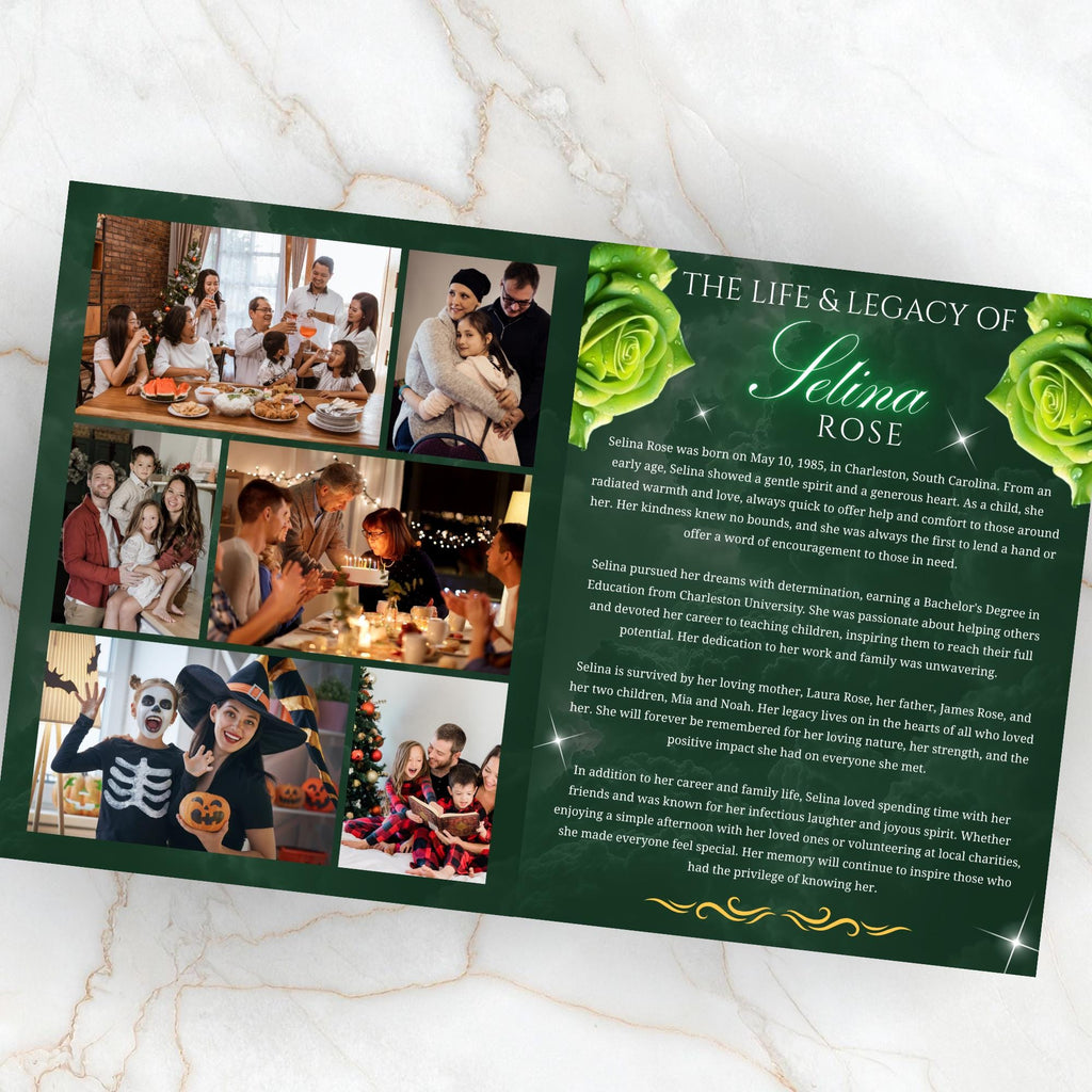 08 Pages Green Funeral Program Template, Bi-Fold Funeral Program, Obituary Celebration Of Life Program, Digital Download - Editable Memorial Canva Template
