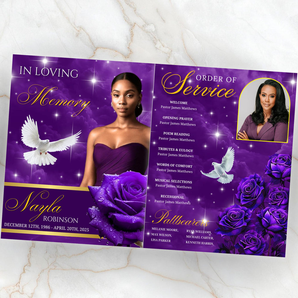 08 Pages Purple Funeral Program Template, Bi-Fold Funeral Program, Obituary Celebration Of Life Program, Digital Download - Editable Memorial Canva Template