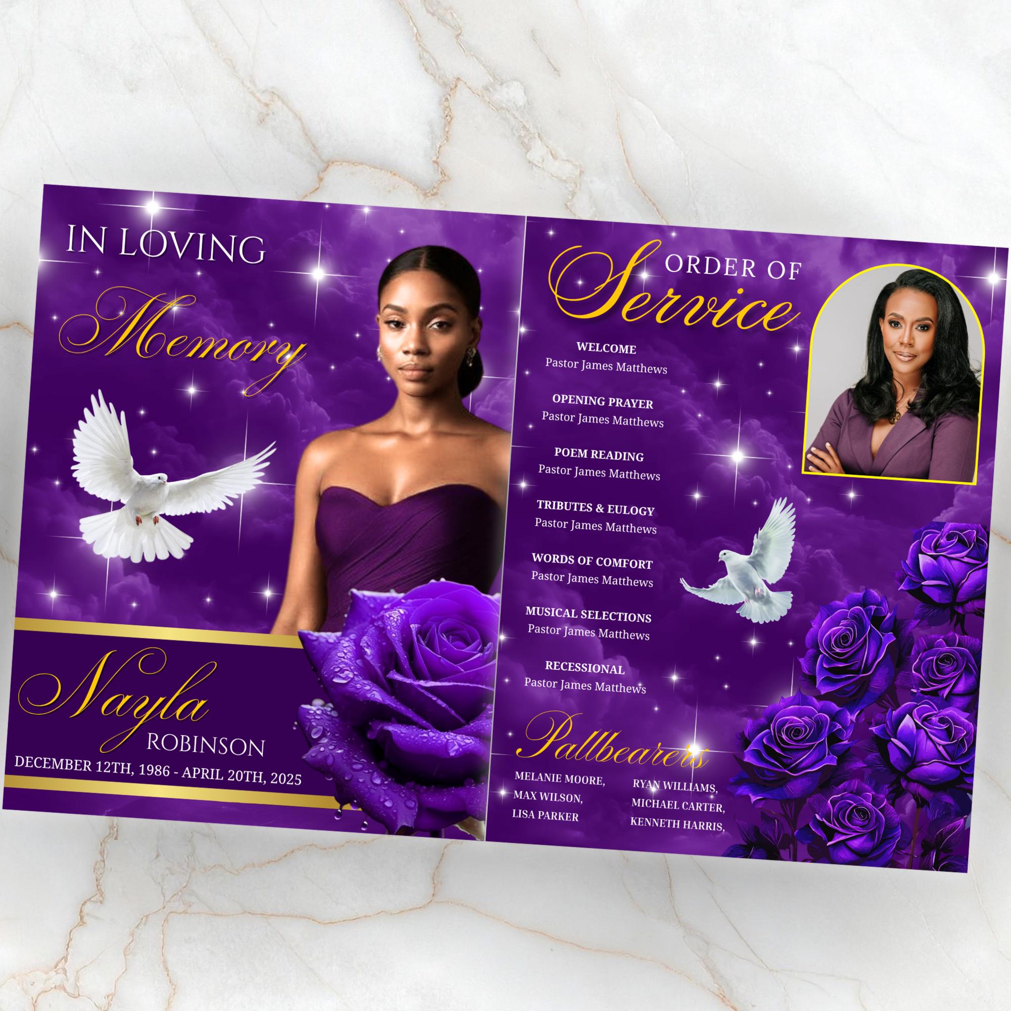 08 Pages Purple Funeral Program Template, Bi-Fold Funeral Program, Obituary Celebration Of Life Program, Digital Download - Editable Memorial Canva Template
