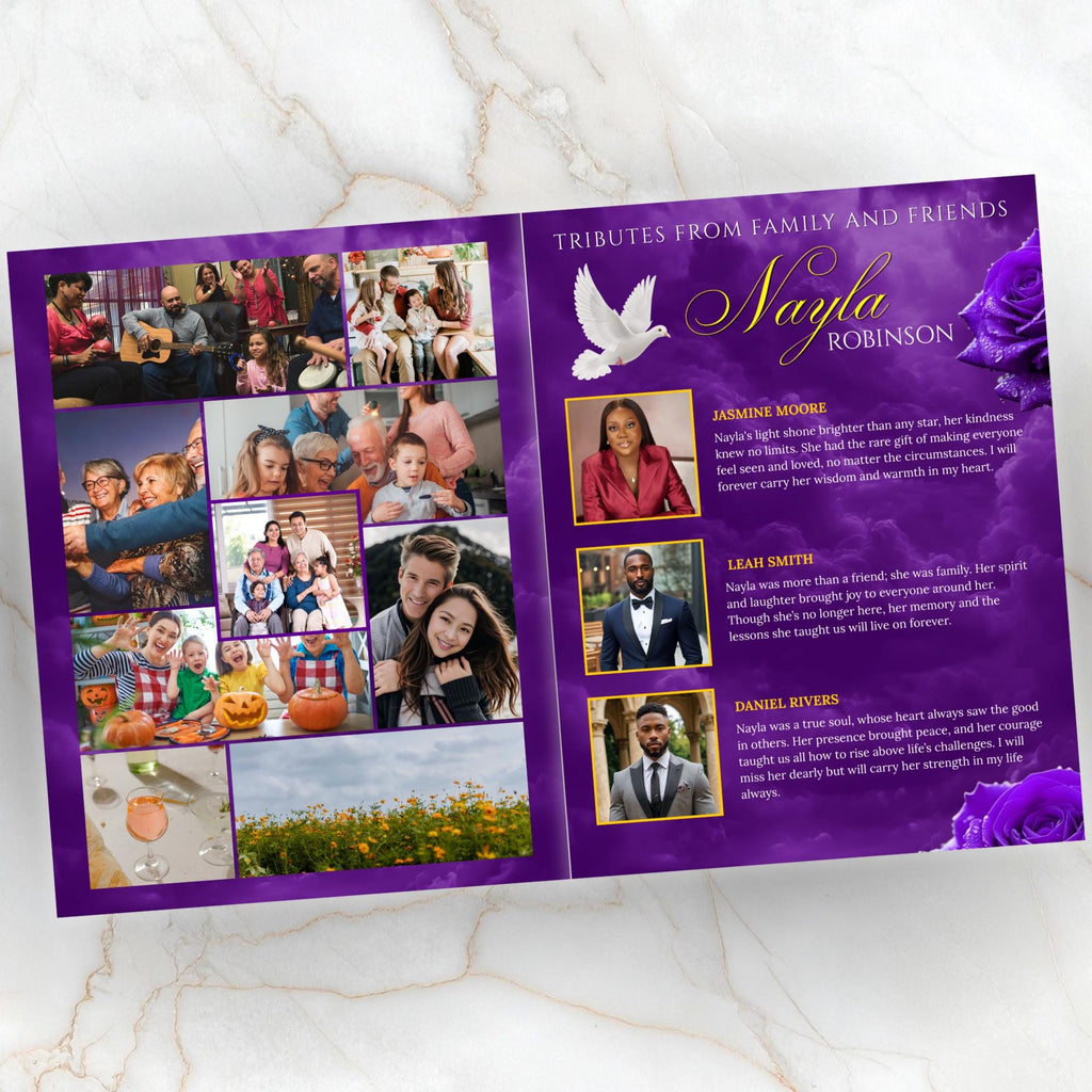 08 Pages Purple Funeral Program Template, Bi-Fold Funeral Program, Obituary Celebration Of Life Program, Digital Download - Editable Memorial Canva Template