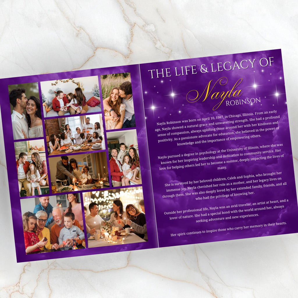 08 Pages Purple Funeral Program Template, Bi-Fold Funeral Program, Obituary Celebration Of Life Program, Digital Download - Editable Memorial Canva Template