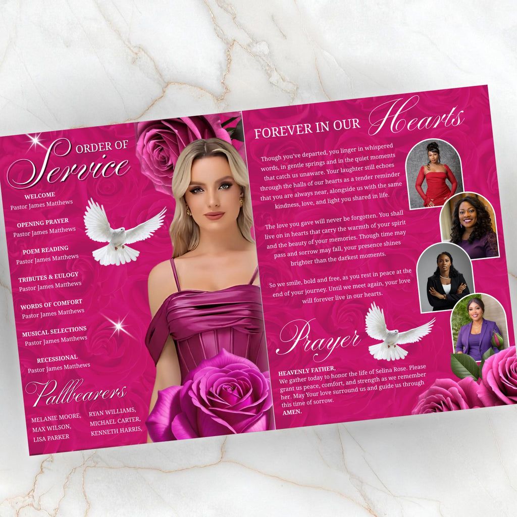 08 Pages Pink Funeral Program Template, Bi-Fold Funeral Program, Obituary Celebration Of Life Program, Digital Download - Editable Memorial Canva Template