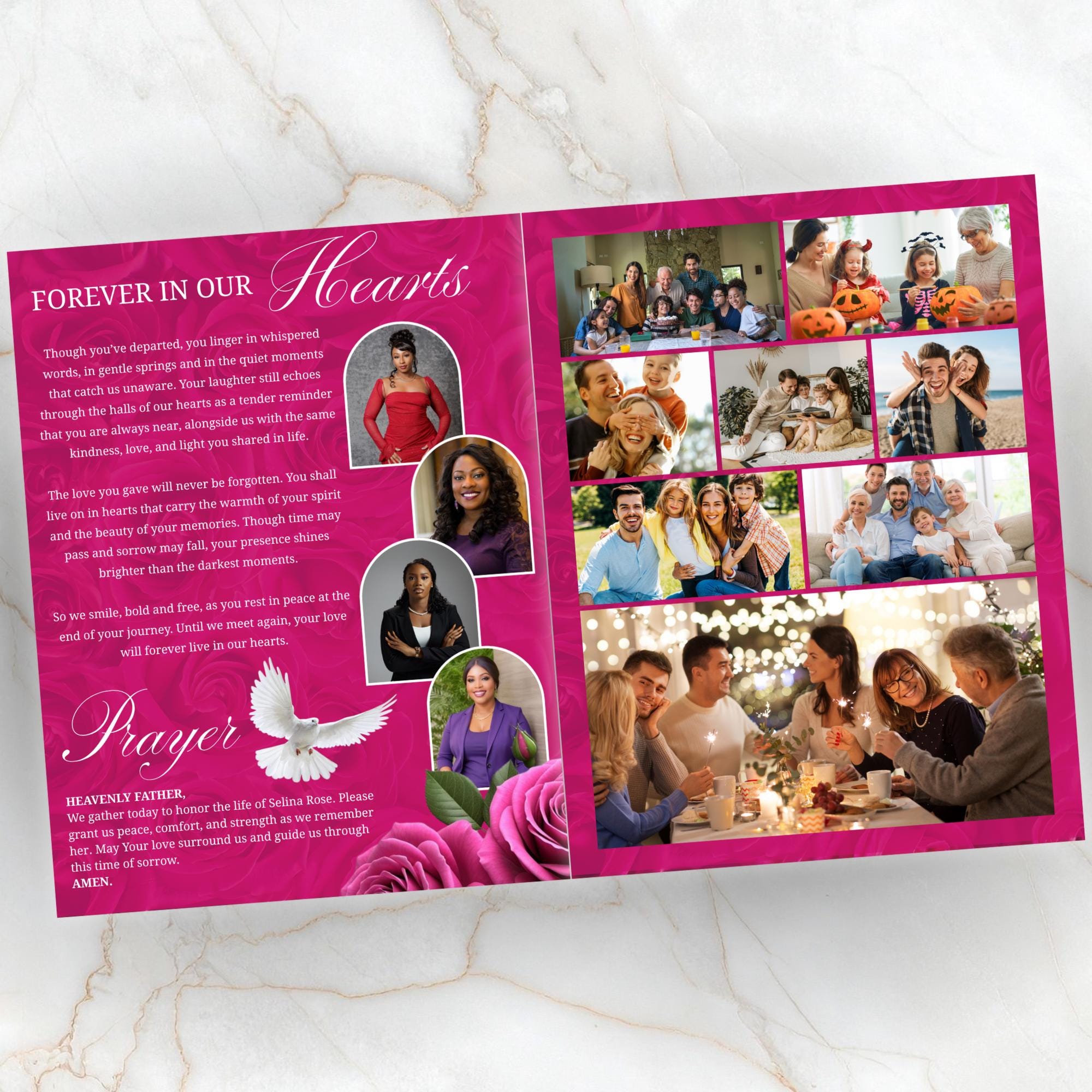 08 Pages Pink Funeral Program Template, Bi-Fold Funeral Program, Obituary Celebration Of Life Program, Digital Download - Editable Memorial Canva Template